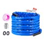 blue coiled VEVOR heated water hose with plug, pink tape, metal connector, and two black washers.