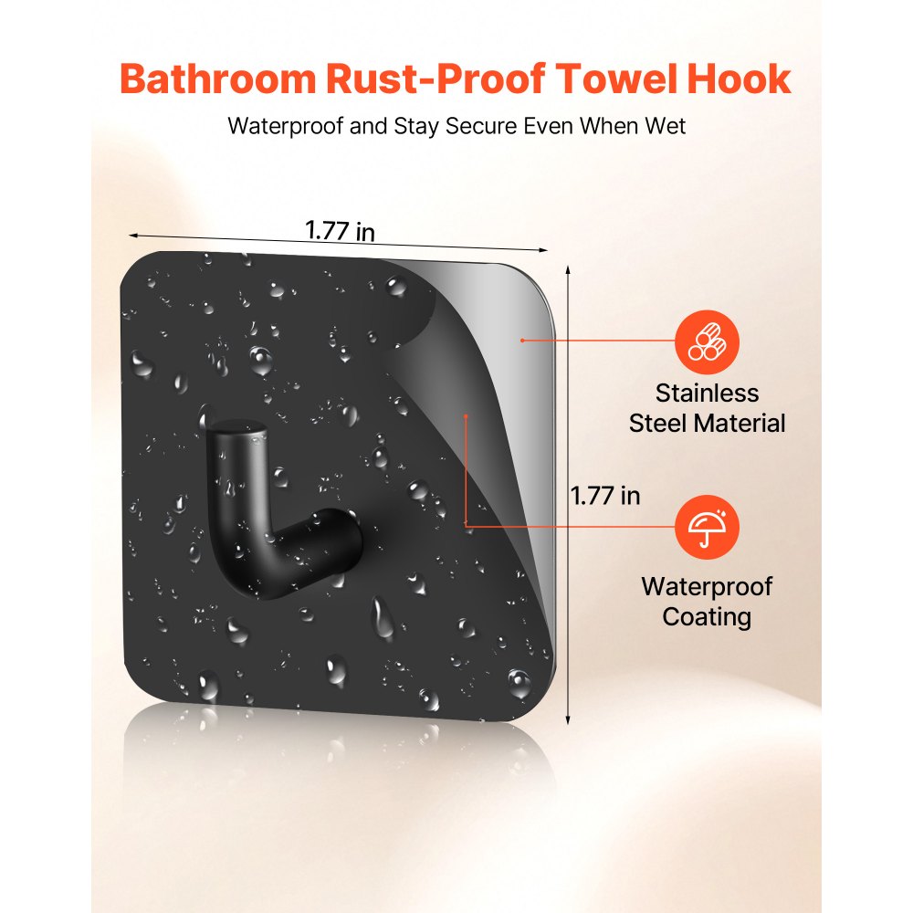 VEVOR Adhesive Hooks, 4 Pack Self-Adhesive Towel Coat Hooks, Heavy-Duty Wall Hook Hold 15 lbs (Max), Stainless Steel Sticky Hanger, for Bathroom, Kitchen, Hanging Towel, Coat & Keys (Matte Black)