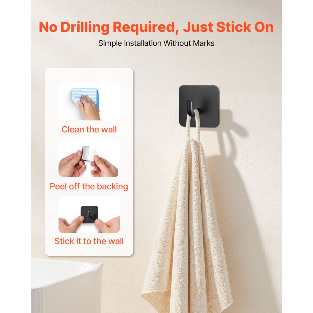 VEVOR Adhesive Hooks, 4 Pack Self-Adhesive Towel Coat Hooks, Heavy-Duty Wall Hook Hold 15 lbs (Max), Stainless Steel Sticky Hanger, for Bathroom, Kitchen, Hanging Towel, Coat & Keys (Matte Black)