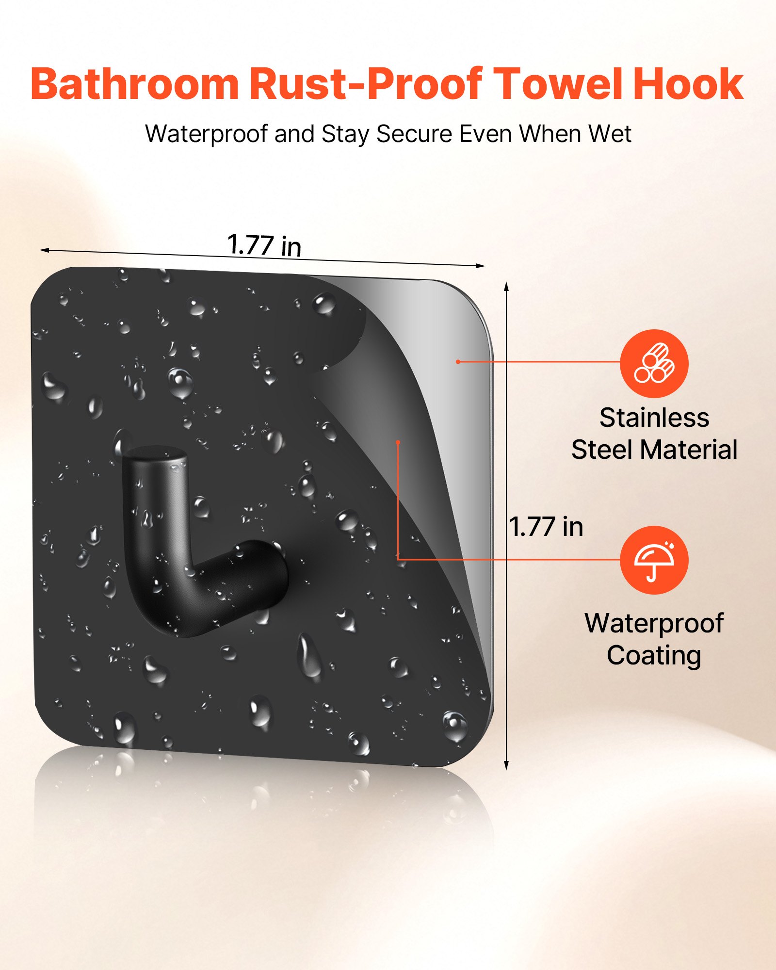 VEVOR Adhesive Hooks, 4 Pack Self-Adhesive Towel Coat Hooks, Heavy-Duty Wall Hook Hold 15 lbs (Max), Stainless Steel Sticky Hanger, for Bathroom, Kitchen, Hanging Towel, Coat & Keys (Matte Black)