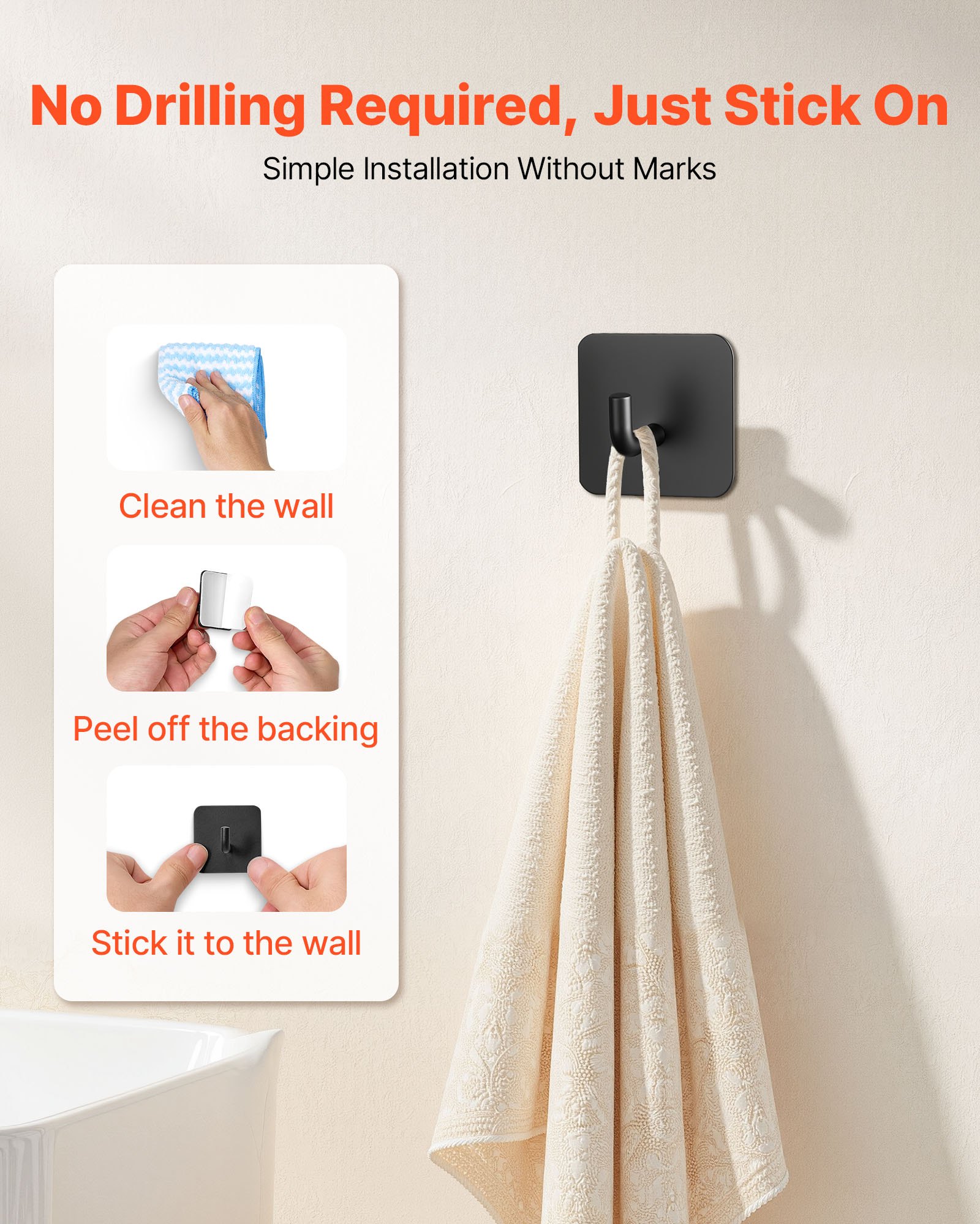 VEVOR Adhesive Hooks, 4 Pack Self-Adhesive Towel Coat Hooks, Heavy-Duty Wall Hook Hold 15 lbs (Max), Stainless Steel Sticky Hanger, for Bathroom, Kitchen, Hanging Towel, Coat & Keys (Matte Black)