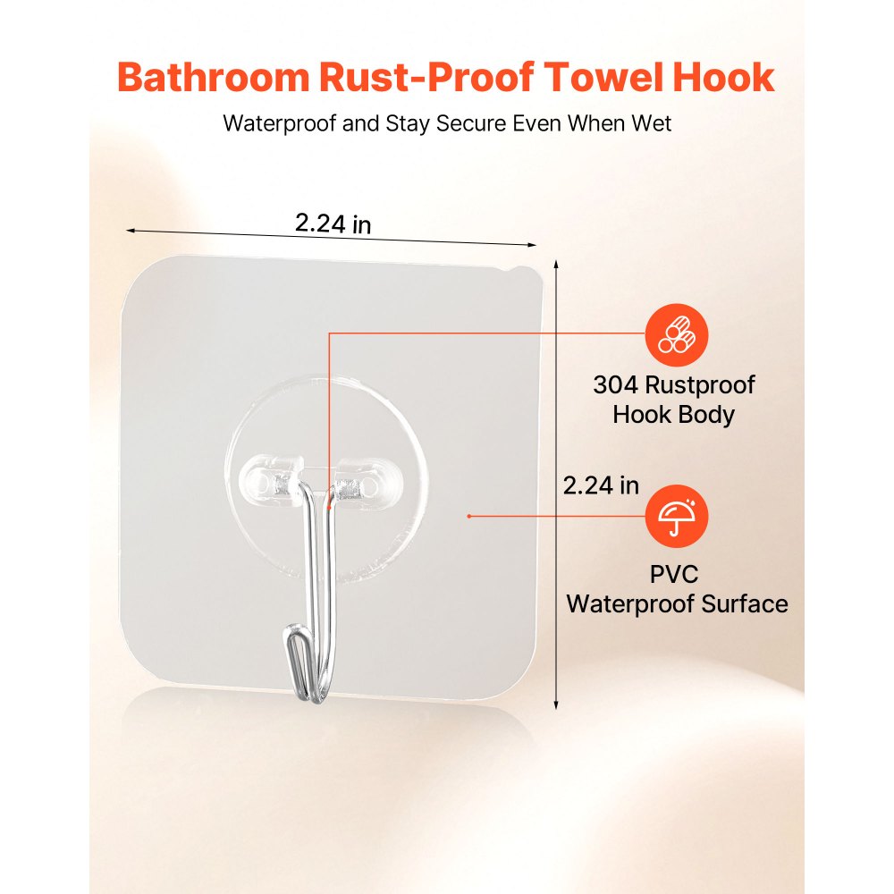 VEVOR Adhesive Hooks, 12 Pack Self-Adhesive Towel Coat Hooks, Heavy-Duty Wall Hook Hold 15 lbs (Max), Stainless Steel Sticky Hanger, for Bathroom, Kitchen, Hanging Towel, Coat & Keys (Transparent)