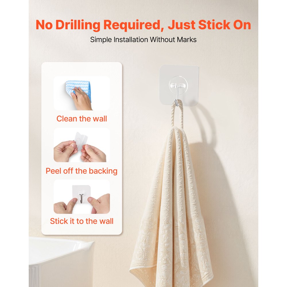VEVOR Adhesive Hooks, 12 Pack Self-Adhesive Towel Coat Hooks, Heavy-Duty Wall Hook Hold 15 lbs (Max), Stainless Steel Sticky Hanger, for Bathroom, Kitchen, Hanging Towel, Coat & Keys (Transparent)