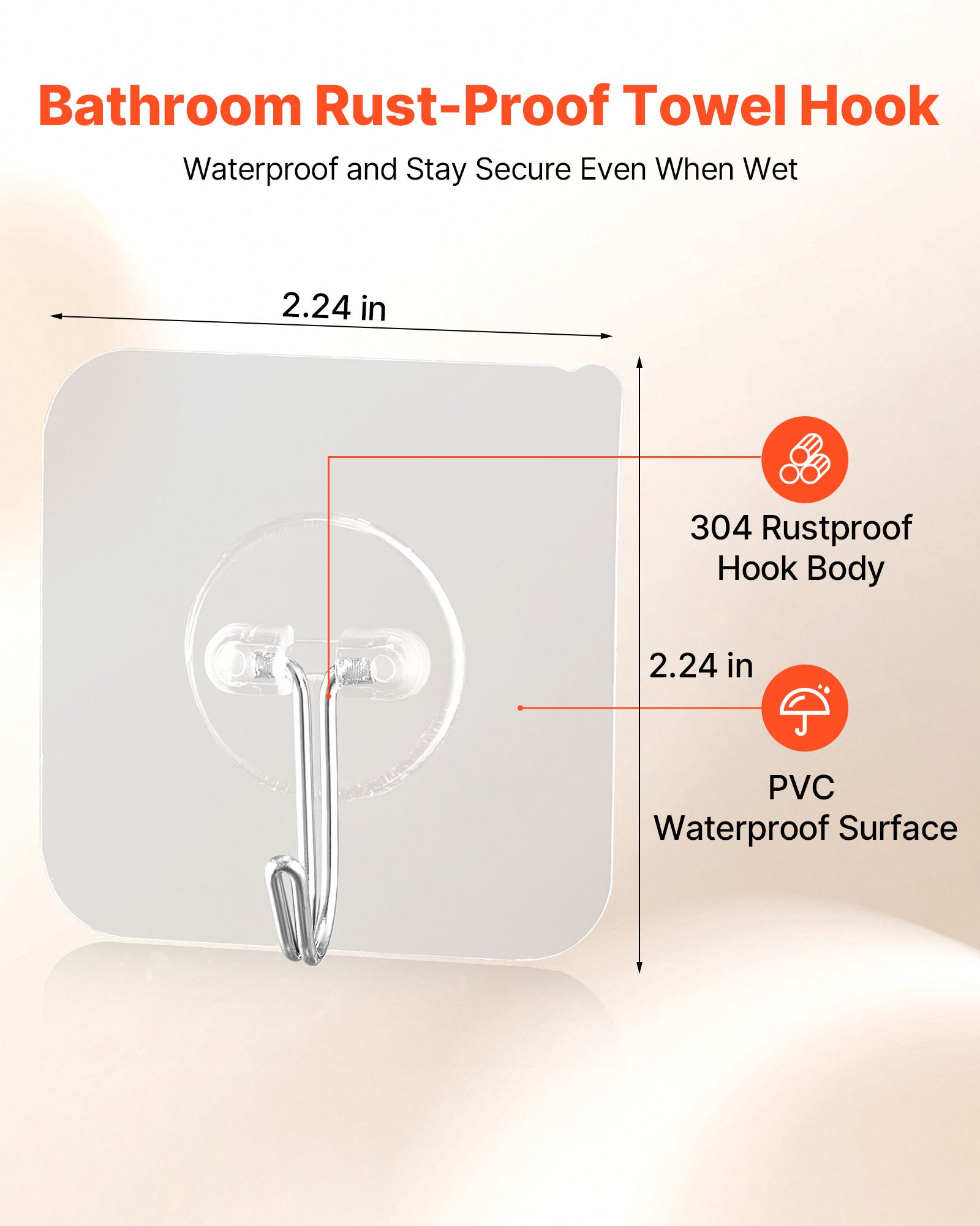 VEVOR Adhesive Hooks, 12 Pack Self-Adhesive Towel Coat Hooks, Heavy-Duty Wall Hook Hold 15 lbs (Max), Stainless Steel Sticky Hanger, for Bathroom, Kitchen, Hanging Towel, Coat & Keys (Transparent)