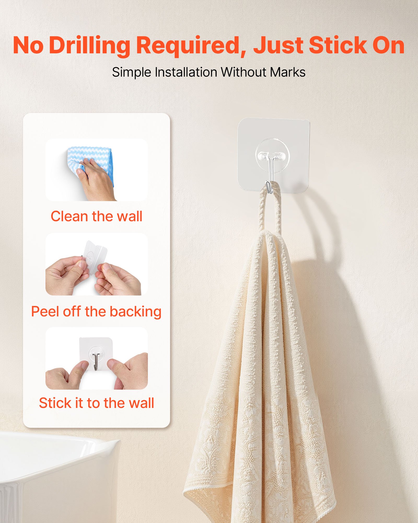 VEVOR Adhesive Hooks, 12 Pack Self-Adhesive Towel Coat Hooks, Heavy-Duty Wall Hook Hold 15 lbs (Max), Stainless Steel Sticky Hanger, for Bathroom, Kitchen, Hanging Towel, Coat & Keys (Transparent)