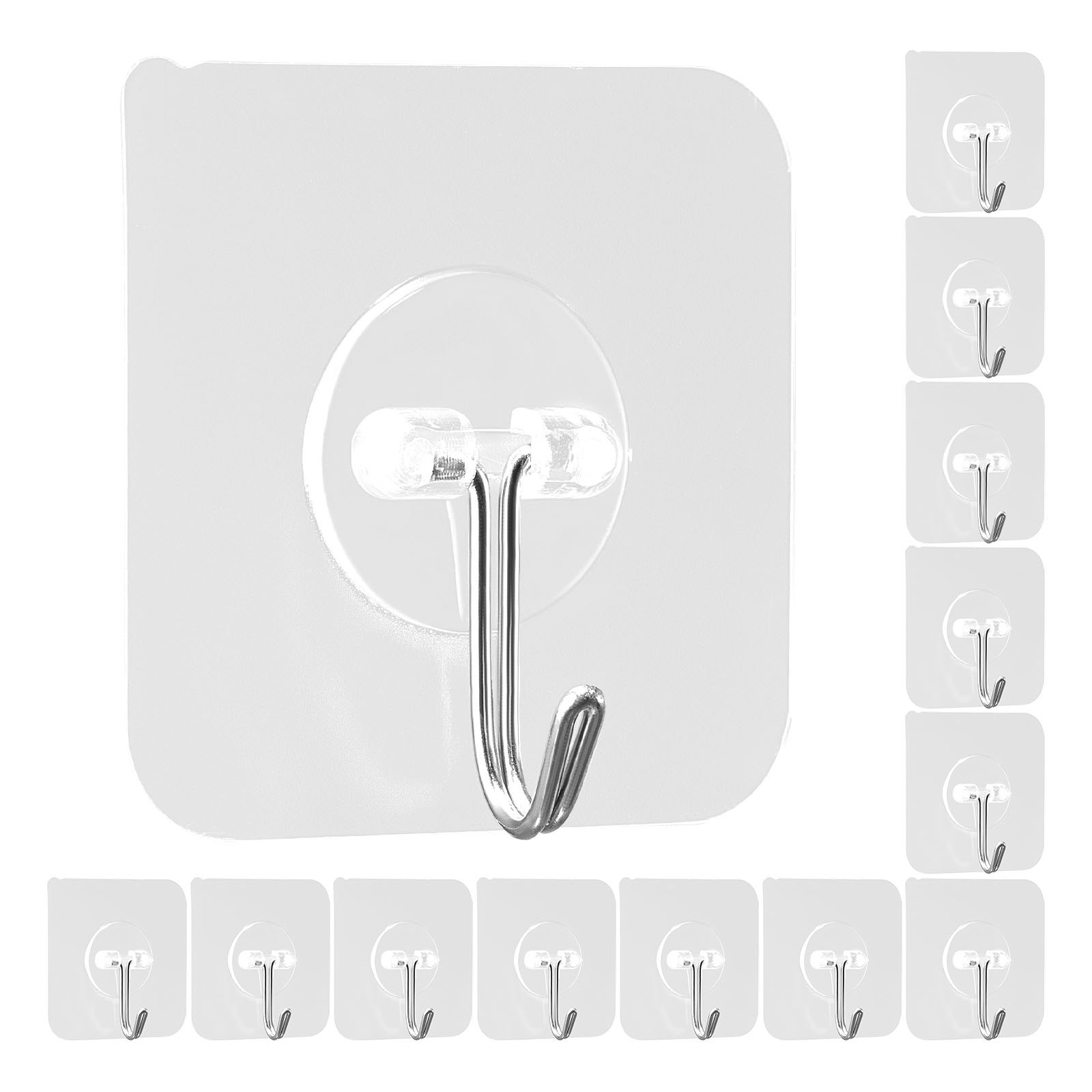 VEVOR Adhesive Hooks, 12 Pack Self-Adhesive Towel Coat Hooks, Heavy-Duty Wall Hook Hold 15 lbs (Max), Stainless Steel Sticky Hanger, for Bathroom, Kitchen, Hanging Towel, Coat & Keys (Transparent)