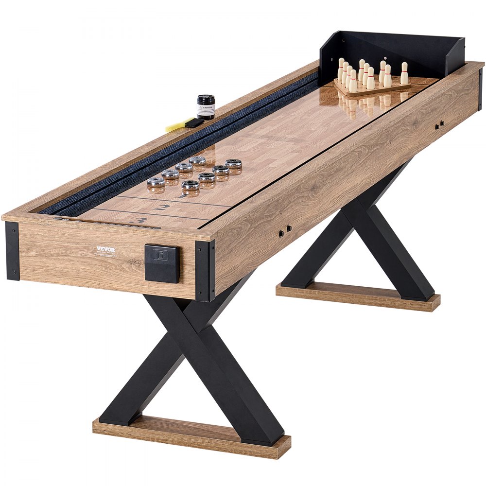 VEVOR Shuffleboard Table, 276cm Shuffleboard for Family Game Rooms, 2 in 1 Shuffleboard and Bowling Combo Game Set, with Scratch-Resistant Playfield, Legs, 8 Pucks, Bowling Set, Wax, and Table Brush