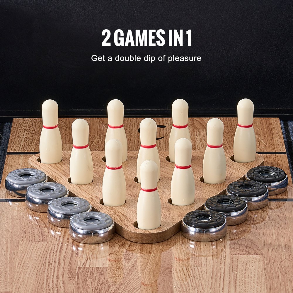 VEVOR Shuffleboard Table, 276cm Shuffleboard for Family Game Rooms, 2 in 1 Shuffleboard and Bowling Combo Game Set, with Scratch-Resistant Playfield, Legs, 8 Pucks, Bowling Set, Wax, and Table Brush
