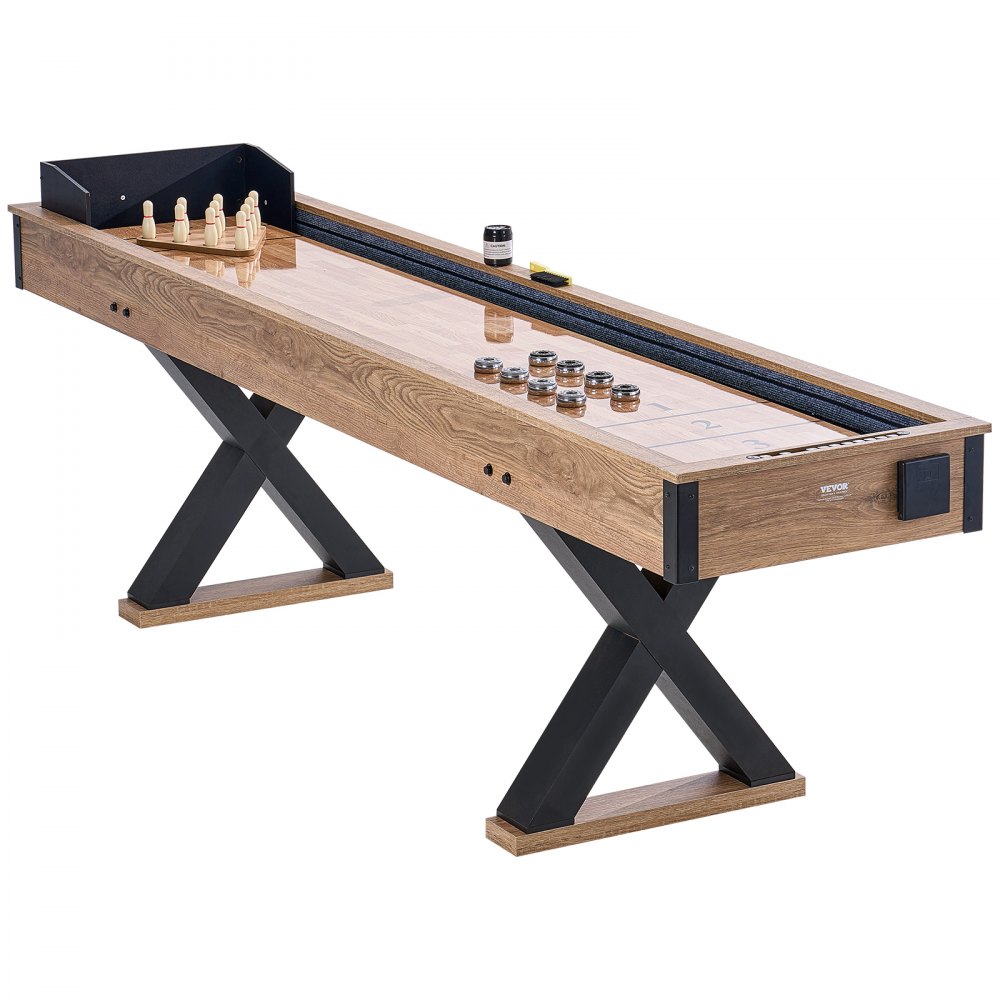 VEVOR Shuffleboard Table, 276cm Shuffleboard for Family Game Rooms, 2 in 1 Shuffleboard and Bowling Combo Game Set, with Scratch-Resistant Playfield, Legs, 8 Pucks, Bowling Set, Wax, and Table Brush
