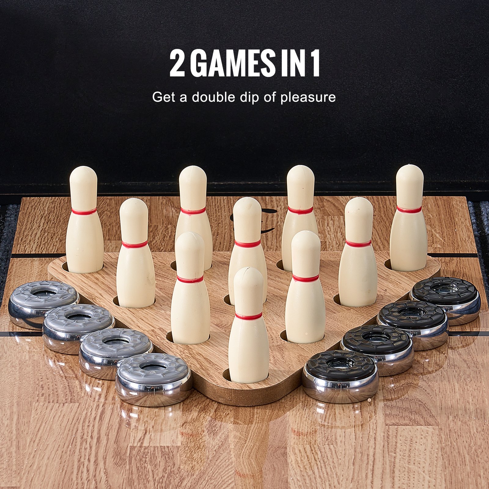 VEVOR Shuffleboard Table, 276cm Shuffleboard for Family Game Rooms, 2 in 1 Shuffleboard and Bowling Combo Game Set, with Scratch-Resistant Playfield, Legs, 8 Pucks, Bowling Set, Wax, and Table Brush