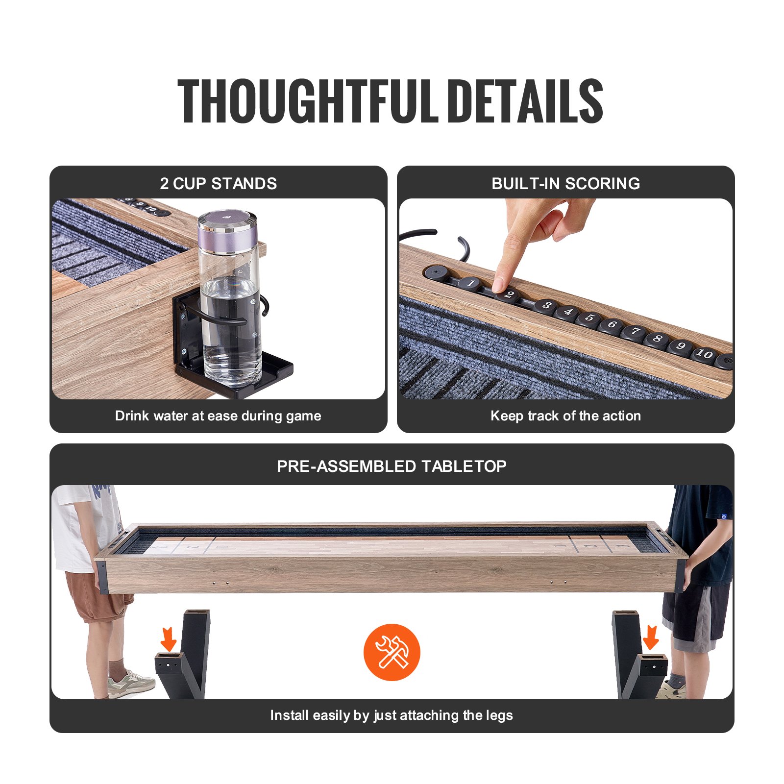 VEVOR Shuffleboard Table, 276cm Shuffleboard for Family Game Rooms, 2 in 1 Shuffleboard and Bowling Combo Game Set, with Scratch-Resistant Playfield, Legs, 8 Pucks, Bowling Set, Wax, and Table Brush