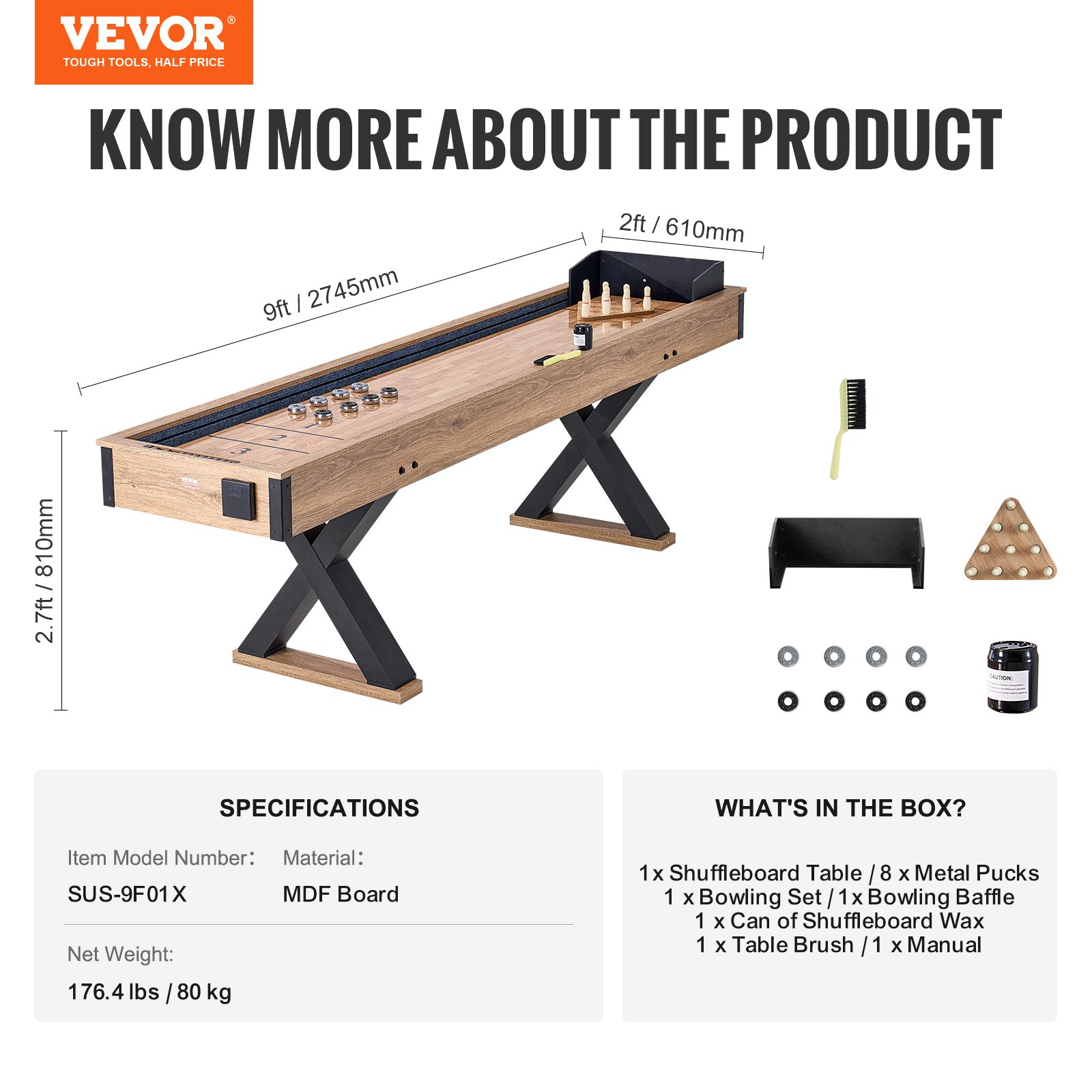 VEVOR Shuffleboard Table, 276cm Shuffleboard for Family Game Rooms, 2 in 1 Shuffleboard and Bowling Combo Game Set, with Scratch-Resistant Playfield, Legs, 8 Pucks, Bowling Set, Wax, and Table Brush