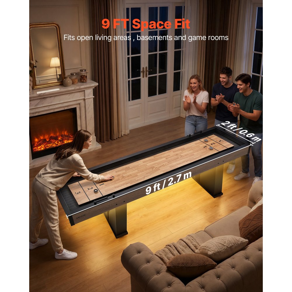 VEVOR 9 ft LED Shuffleboard Table, 2 in 1 Shuffleboard and Bowling Combo Set, Shuffle Board with Light‑Up Rails, Scratch-Resistant Playfield, 8 Pucks, Bowling Set, Wax, Brush, for Family Game Room