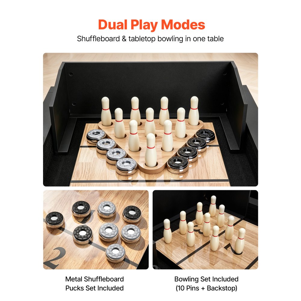 VEVOR 9 ft LED Shuffleboard Table, 2 in 1 Shuffleboard and Bowling Combo Set, Shuffle Board with Light‑Up Rails, Scratch-Resistant Playfield, 8 Pucks, Bowling Set, Wax, Brush, for Family Game Room