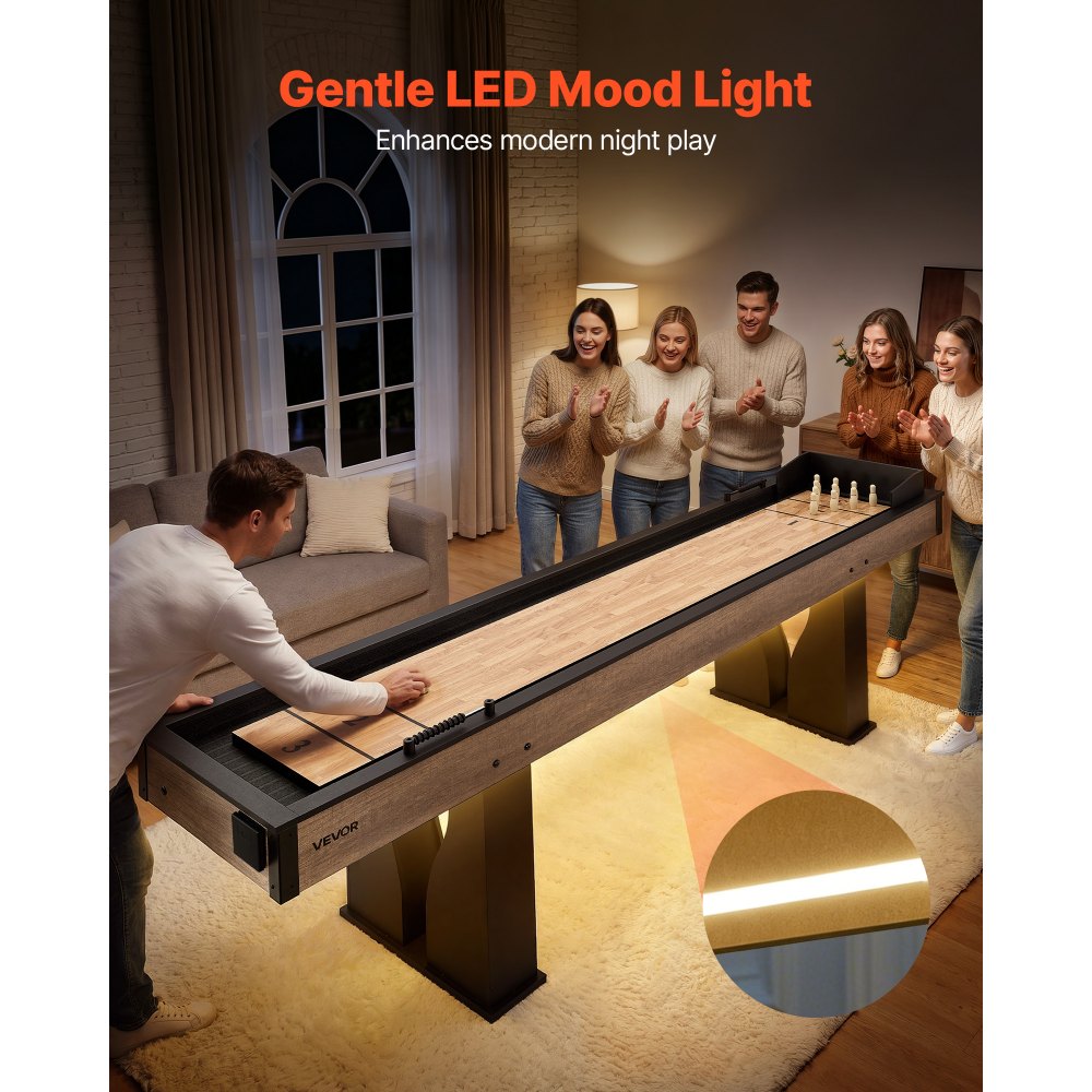 VEVOR 9 ft LED Shuffleboard Table, 2 in 1 Shuffleboard and Bowling Combo Set, Shuffle Board with Light‑Up Rails, Scratch-Resistant Playfield, 8 Pucks, Bowling Set, Wax, Brush, for Family Game Room