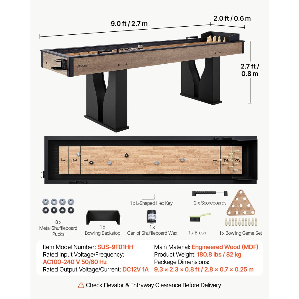VEVOR 9 ft LED Shuffleboard Table, 2 in 1 Shuffleboard and Bowling Combo Set, Shuffle Board with Light‑Up Rails, Scratch-Resistant Playfield, 8 Pucks, Bowling Set, Wax, Brush, for Family Game Room