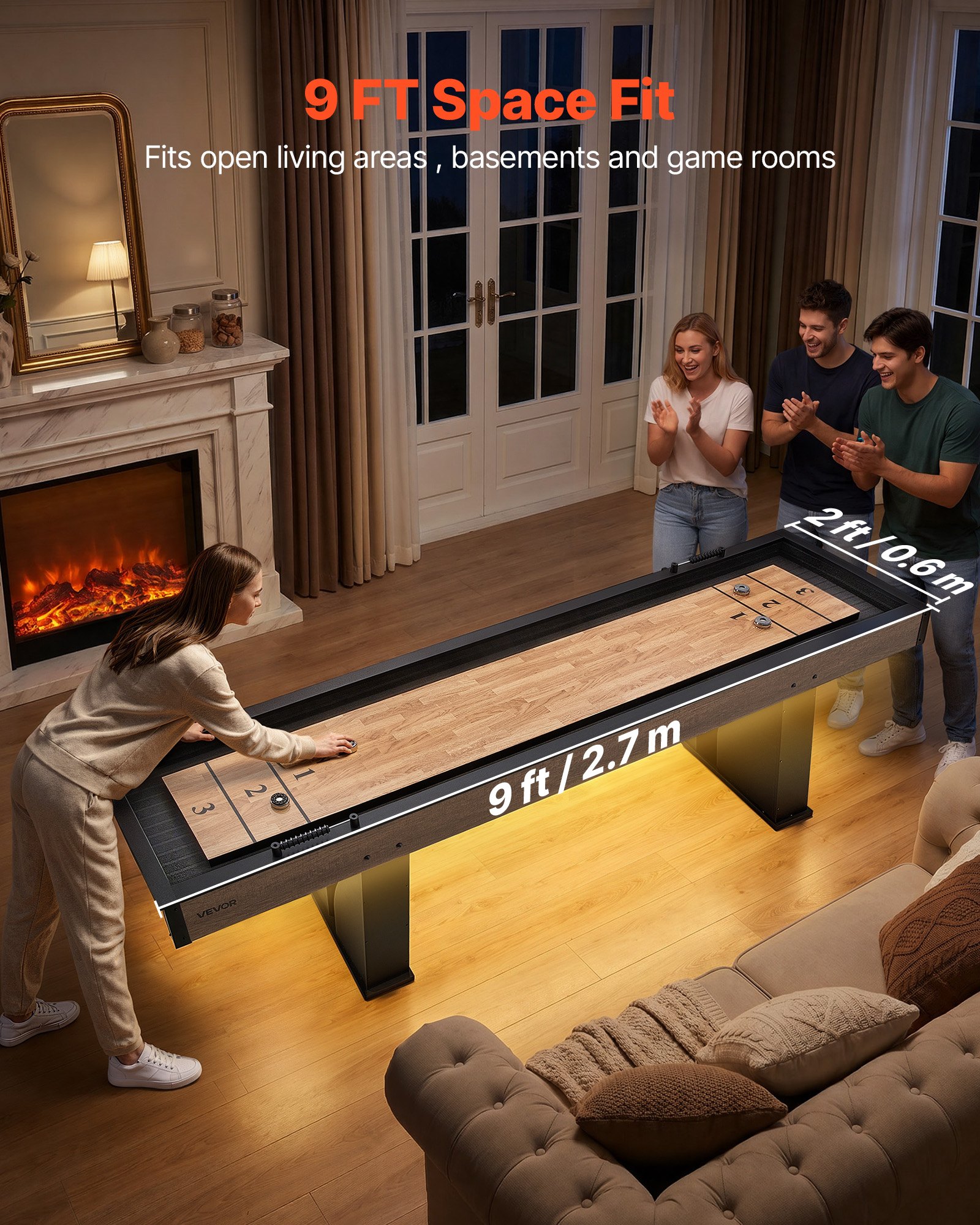 VEVOR 9 ft LED Shuffleboard Table, 2 in 1 Shuffleboard and Bowling Combo Set, Shuffle Board with Light‑Up Rails, Scratch-Resistant Playfield, 8 Pucks, Bowling Set, Wax, Brush, for Family Game Room