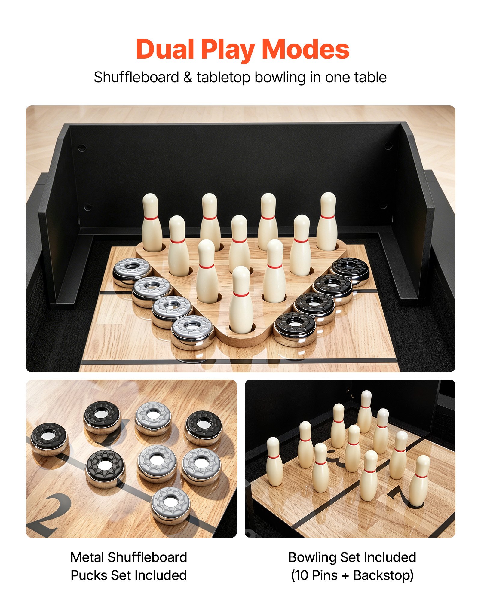 VEVOR 9 ft LED Shuffleboard Table, 2 in 1 Shuffleboard and Bowling Combo Set, Shuffle Board with Light‑Up Rails, Scratch-Resistant Playfield, 8 Pucks, Bowling Set, Wax, Brush, for Family Game Room