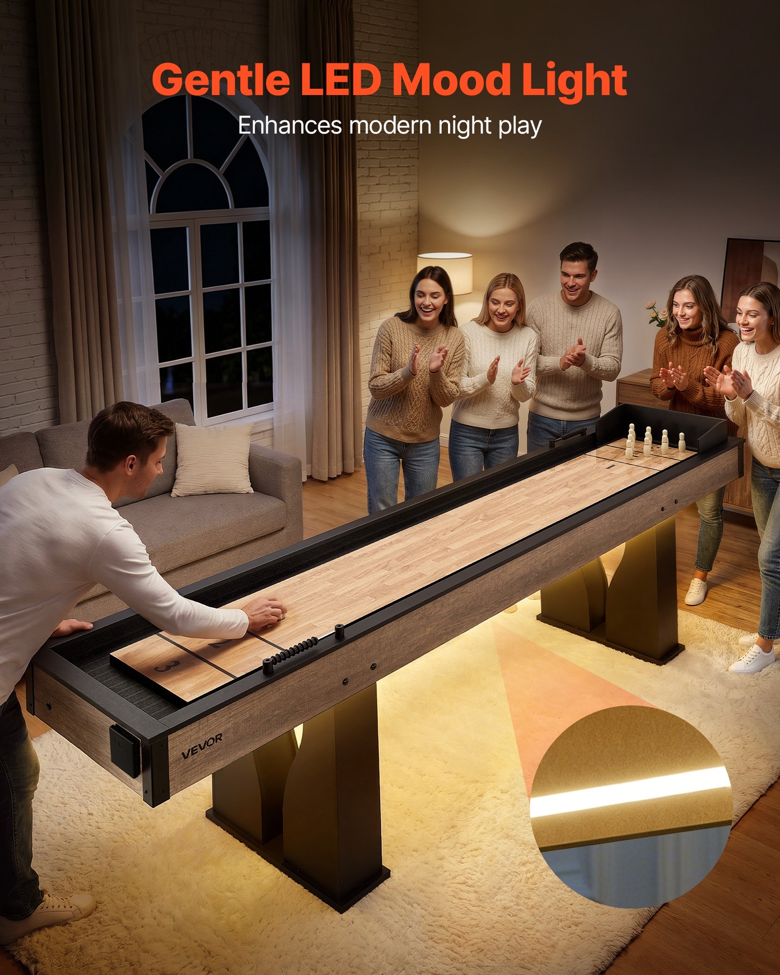 VEVOR 9 ft LED Shuffleboard Table, 2 in 1 Shuffleboard and Bowling Combo Set, Shuffle Board with Light‑Up Rails, Scratch-Resistant Playfield, 8 Pucks, Bowling Set, Wax, Brush, for Family Game Room