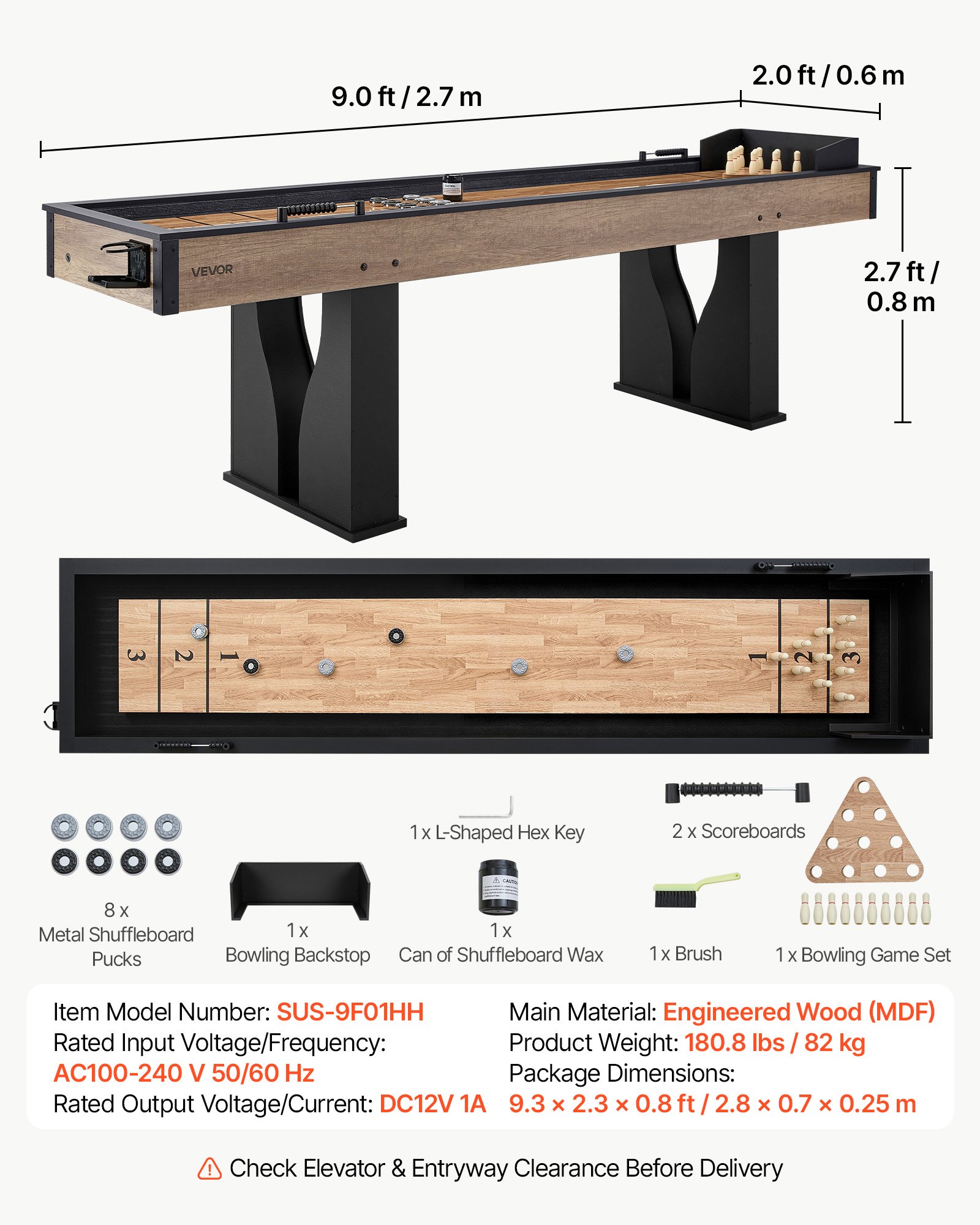 VEVOR 9 ft LED Shuffleboard Table, 2 in 1 Shuffleboard and Bowling Combo Set, Shuffle Board with Light‑Up Rails, Scratch-Resistant Playfield, 8 Pucks, Bowling Set, Wax, Brush, for Family Game Room