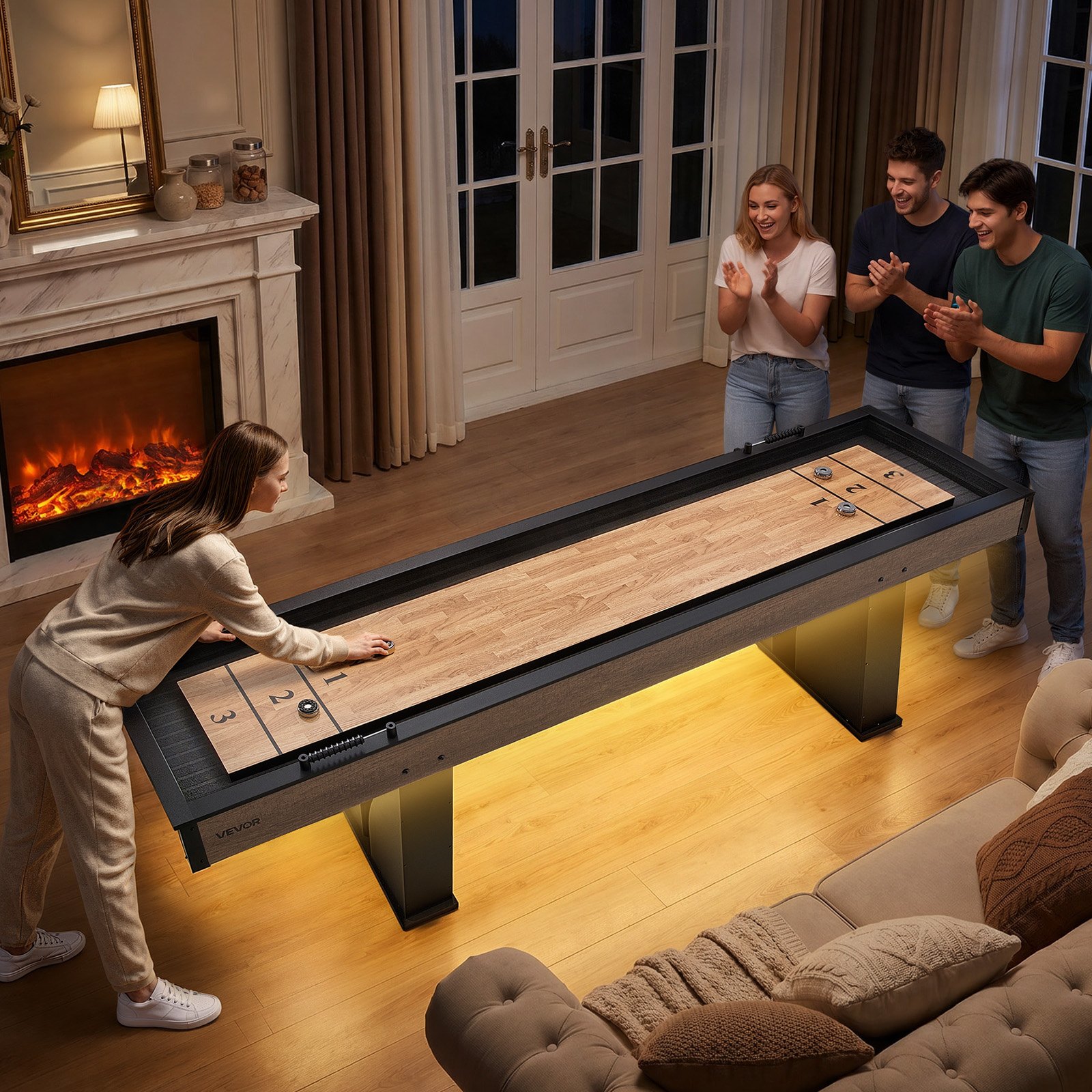 VEVOR 9 ft LED Shuffleboard Table, 2 in 1 Shuffleboard and Bowling Combo Set, Shuffle Board with Light‑Up Rails, Scratch-Resistant Playfield, 8 Pucks, Bowling Set, Wax, Brush, for Family Game Room