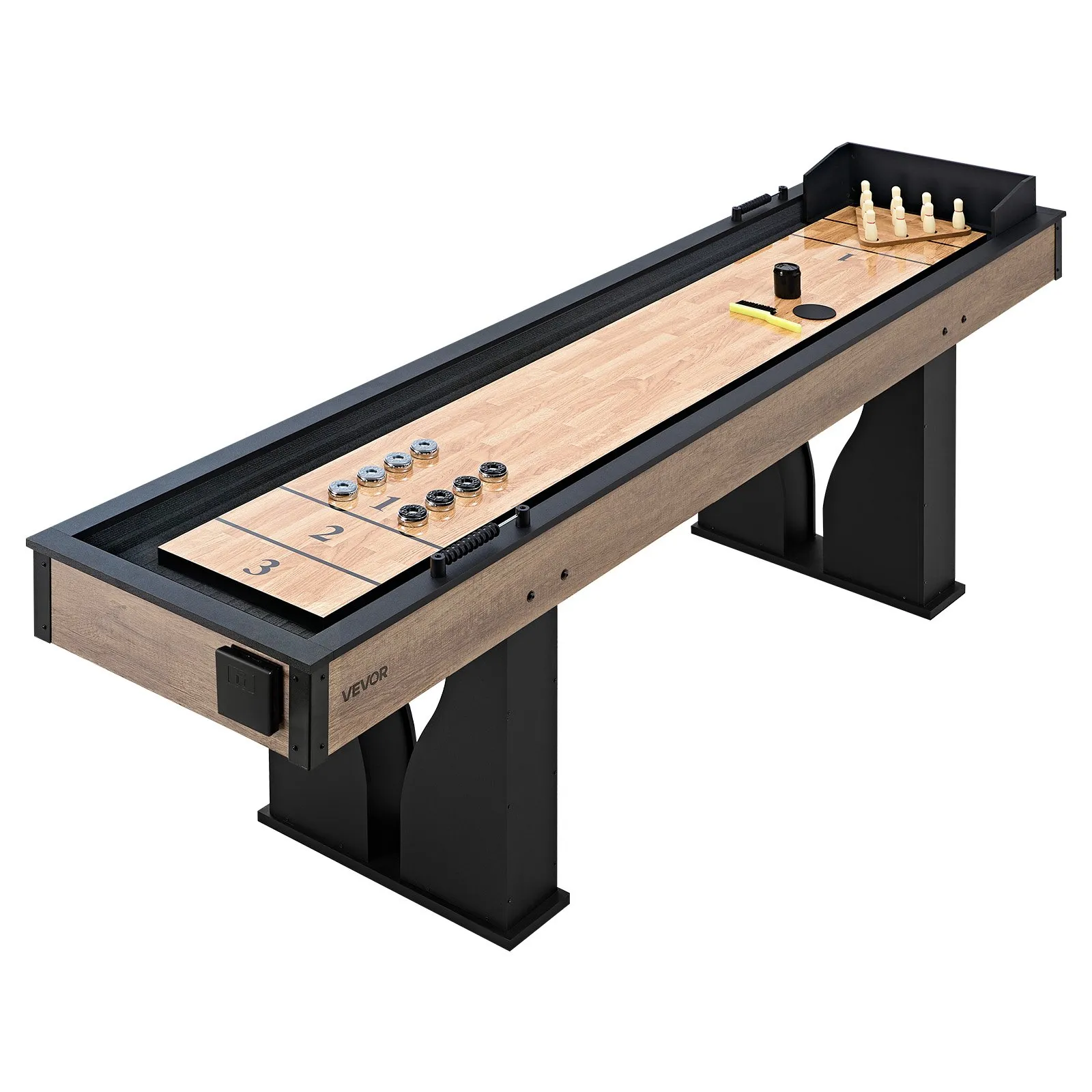 VEVOR 9 ft LED Shuffleboard Table, 2 in 1 Shuffleboard and Bowling Combo Set, Shuffle Board with Light‑Up Rails, Scratch-Resistant Playfield, 8 Pucks, Bowling Set, Wax, Brush, for Family Game Room