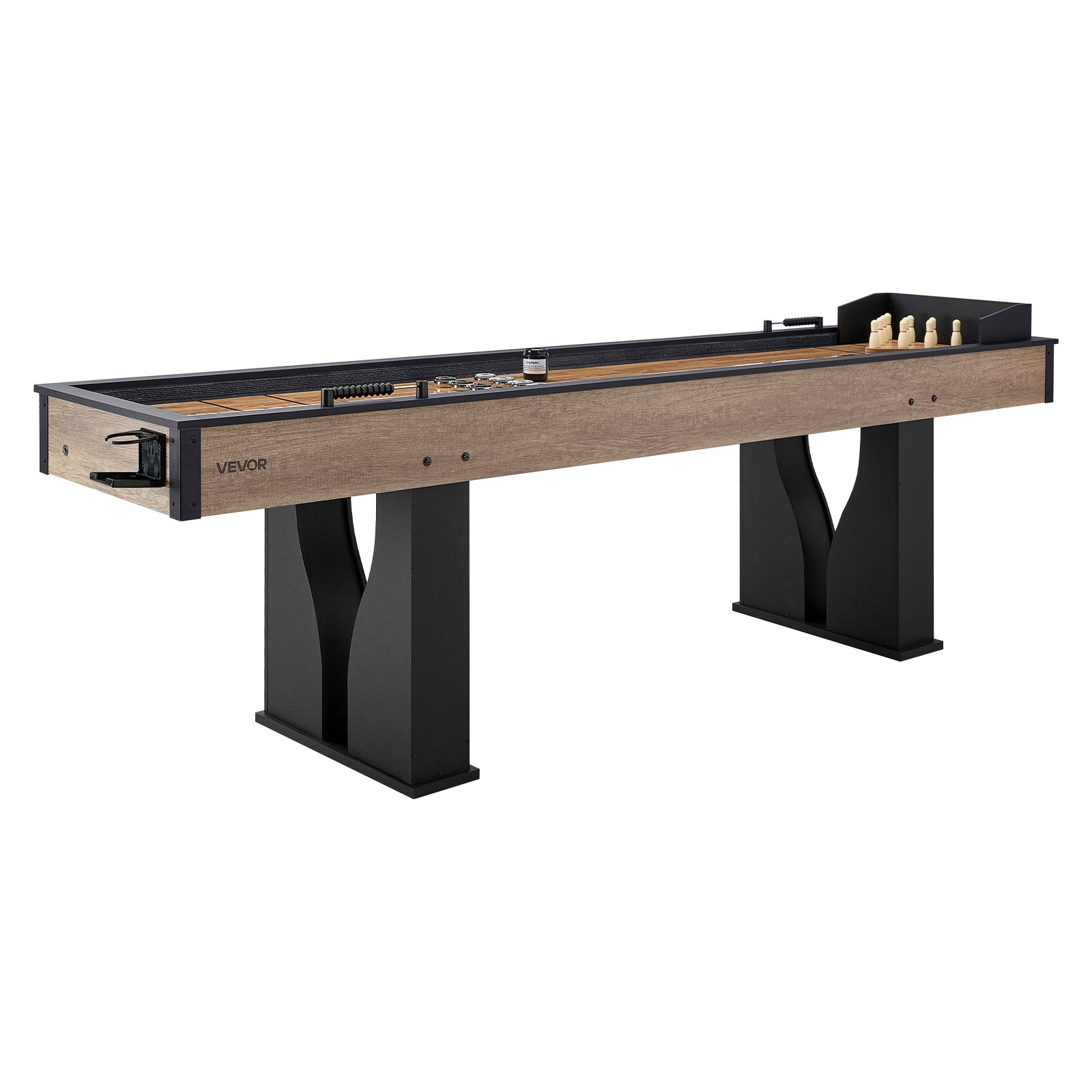 VEVOR 9 ft LED Shuffleboard Table, 2 in 1 Shuffleboard and Bowling Combo Set, Shuffle Board with Light‑Up Rails, Scratch-Resistant Playfield, 8 Pucks, Bowling Set, Wax, Brush, for Family Game Room
