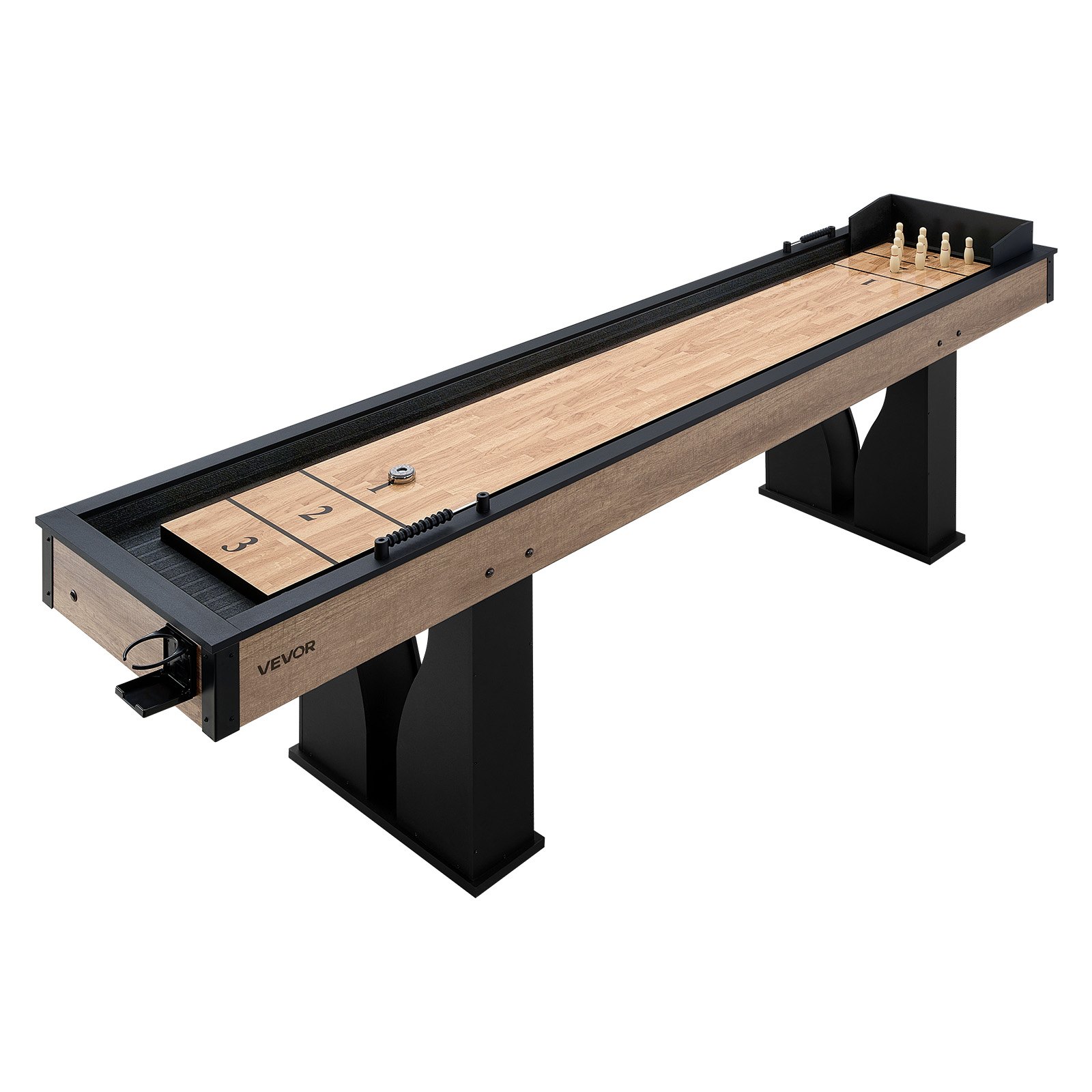 VEVOR 9 ft LED Shuffleboard Table, 2 in 1 Shuffleboard and Bowling Combo Set, Shuffle Board with Light‑Up Rails, Scratch-Resistant Playfield, 8 Pucks, Bowling Set, Wax, Brush, for Family Game Room