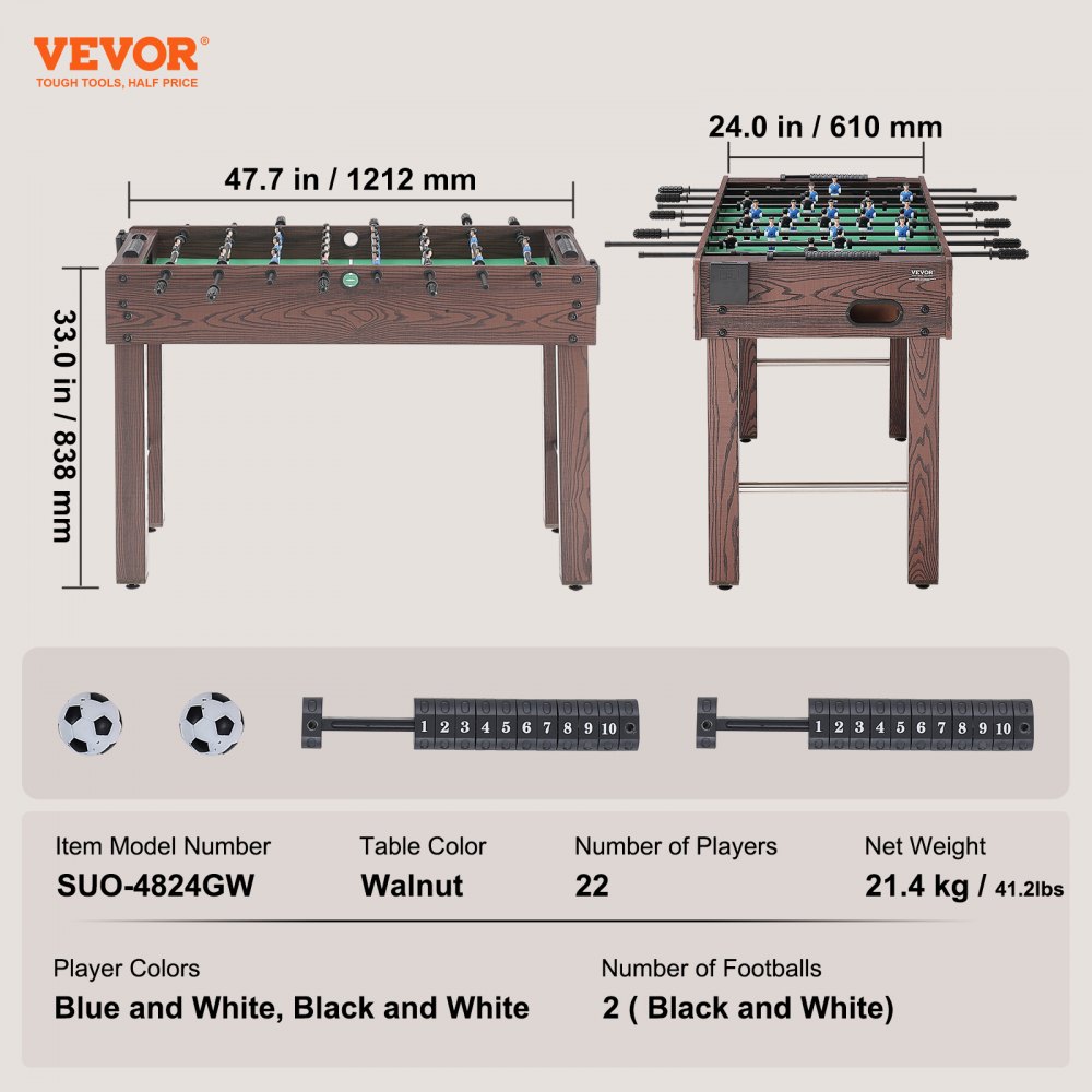 Τραπέζι VEVOR Foosball, Τραπέζι Foosball 48 ιντσών κανονικού μεγέθους, Εσωτερικό τραπέζι πλήρους μεγέθους για το σπίτι, την οικογένεια και την αίθουσα παιχνιδιών, Σετ τραπέζι ποδοσφαίρου με ποδόσφαιρο, περιλαμβάνει 2 μπάλες και 2 ποτηροθήκες