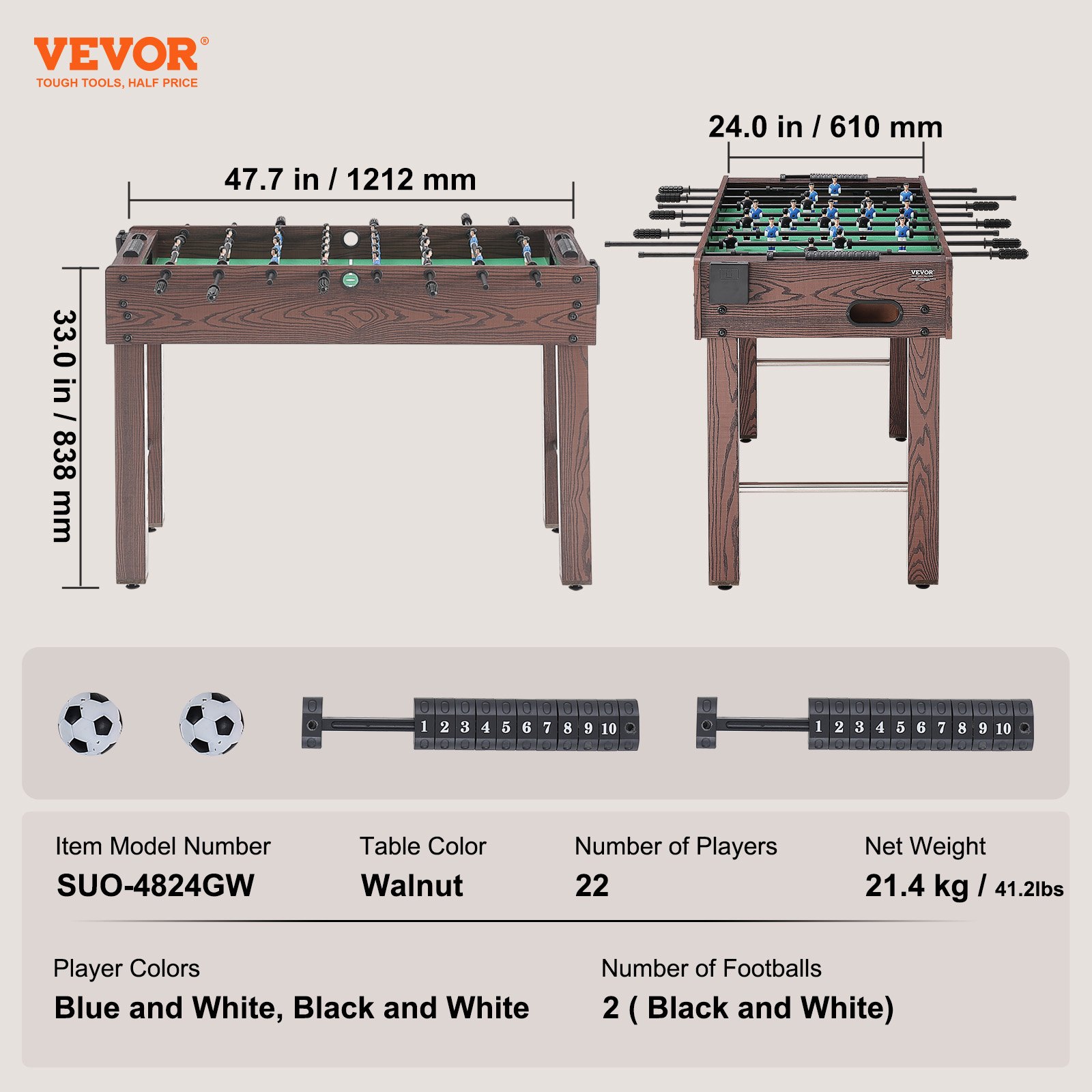 Τραπέζι VEVOR Foosball, Τραπέζι Foosball 48 ιντσών κανονικού μεγέθους, Εσωτερικό τραπέζι πλήρους μεγέθους για το σπίτι, την οικογένεια και την αίθουσα παιχνιδιών, Σετ τραπέζι ποδοσφαίρου με ποδόσφαιρο, περιλαμβάνει 2 μπάλες και 2 ποτηροθήκες