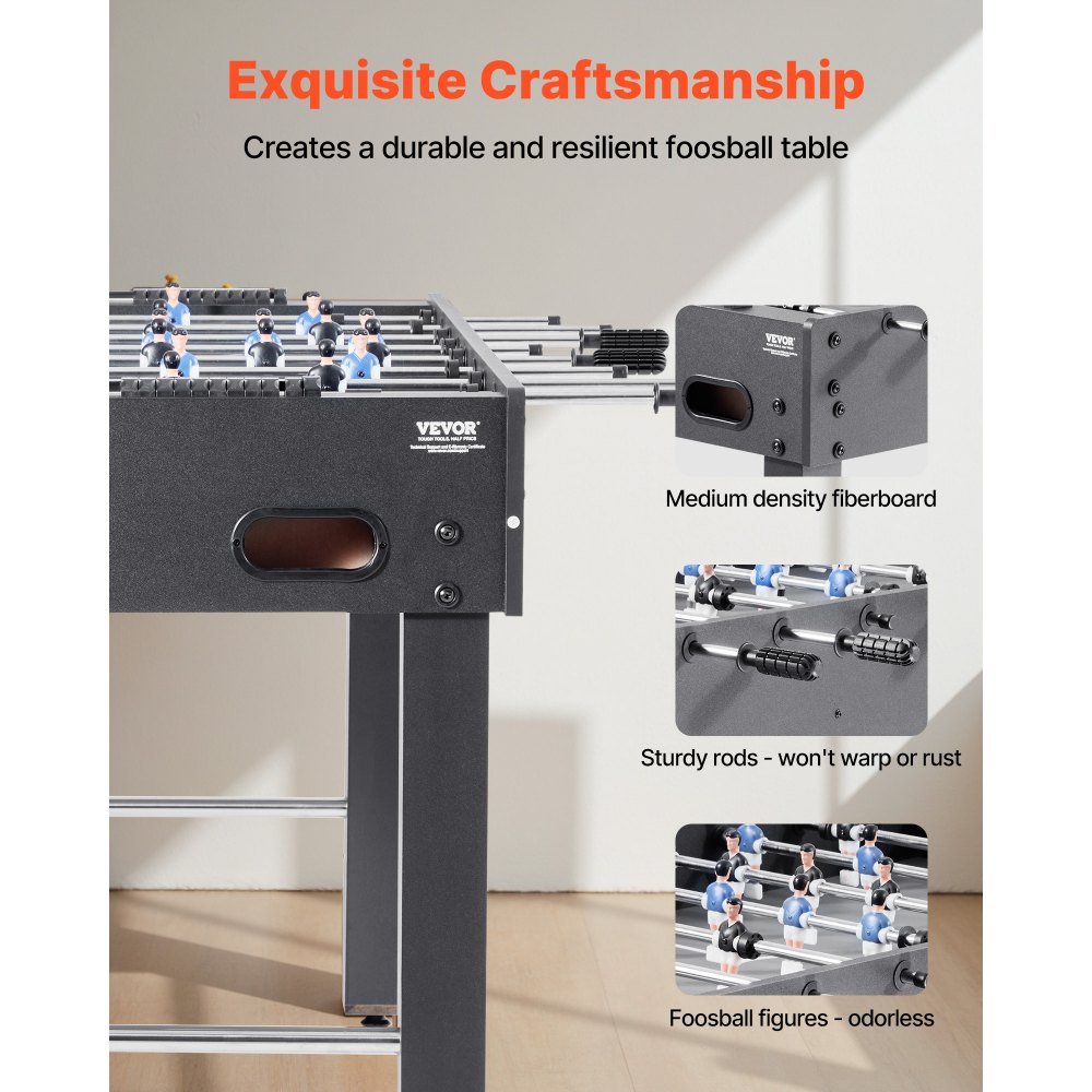 Mesa de pebolim VEVOR, tamanho padrão de 121 cm, mesa de pebolim para ambientes internos, tamanho normal para casa, família e sala de jogos, conjunto de futebol durável, inclui 2 bolas, marcador de pontos e 2 porta-copos