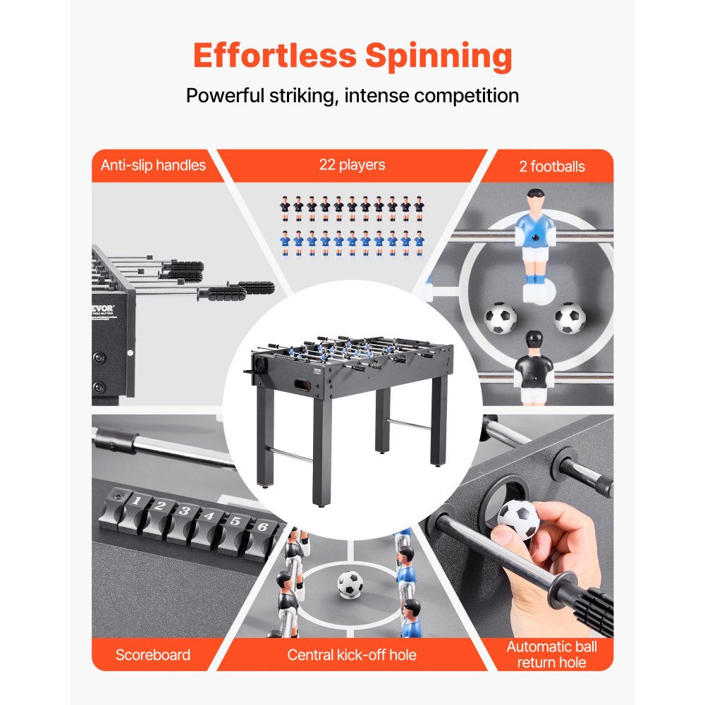 Mesa de pebolim VEVOR, tamanho padrão de 121 cm, mesa de pebolim para ambientes internos, tamanho normal para casa, família e sala de jogos, conjunto de futebol durável, inclui 2 bolas, marcador de pontos e 2 porta-copos
