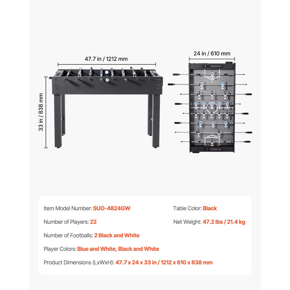 VEVOR Foosball Table, 121 cm Standard Size Table, Indoor Full Size Foosball Tables for Home, Family, and Game Room, Durable Soccer Set, Includes 2 Balls, Score Keeper, and 2 Cup Holders