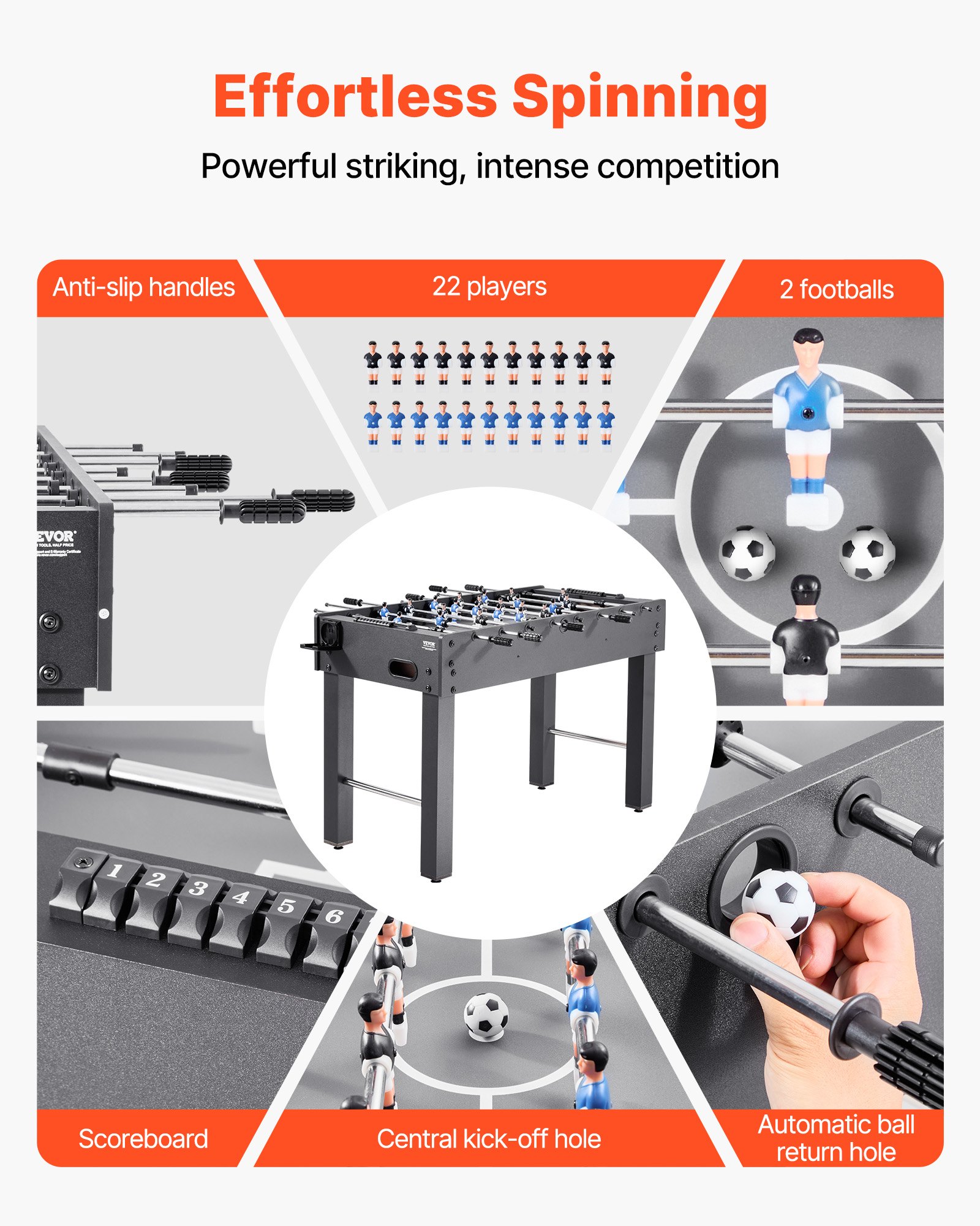 VEVOR Foosball Table, 121 cm Standard Size Table, Indoor Full Size Foosball Tables for Home, Family, and Game Room, Durable Soccer Set, Includes 2 Balls, Score Keeper, and 2 Cup Holders