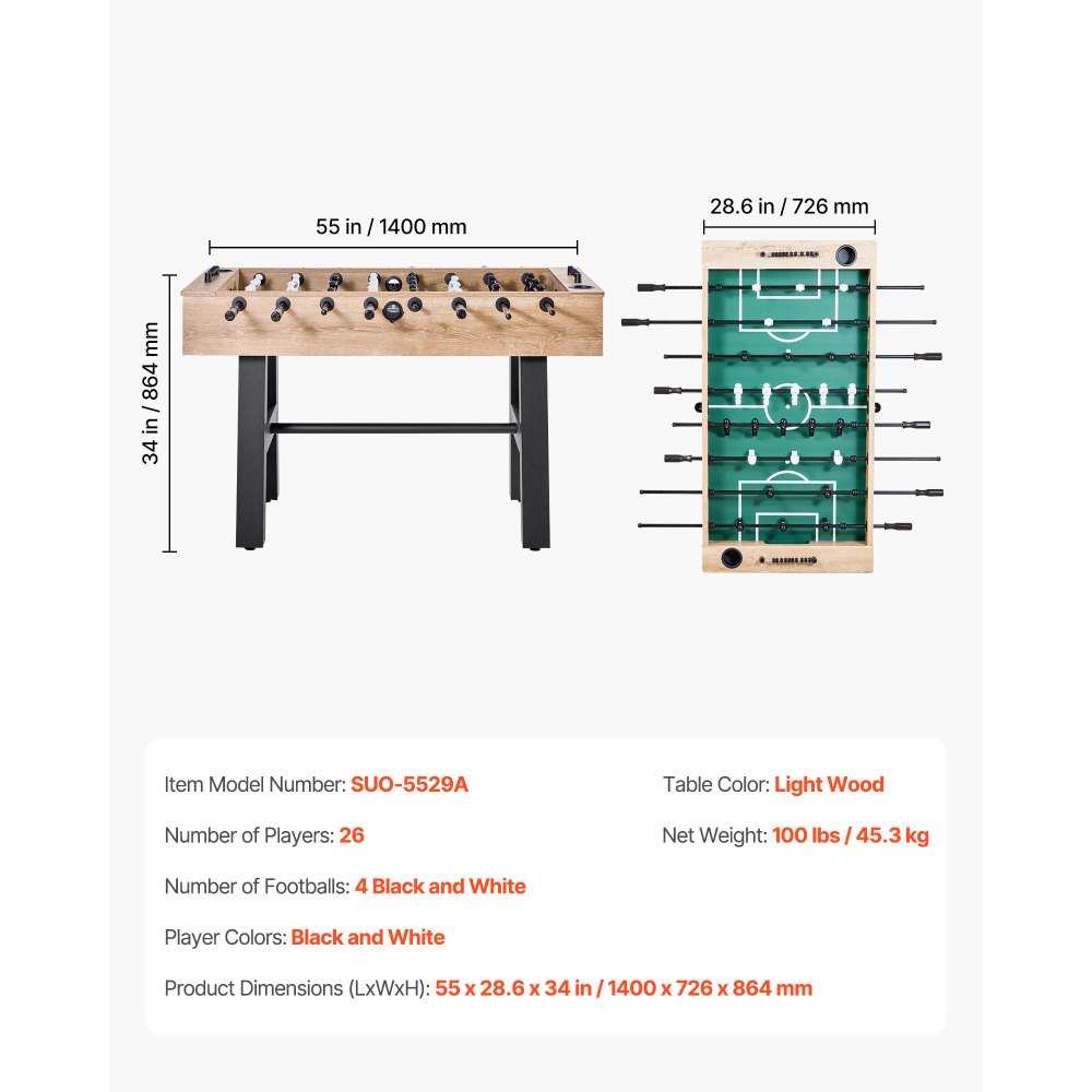VEVOR Foosball Table, 55 inch Standard Size Table, Indoor Full Size Foosball Tables for Home, Family, and Game Room, Durable Soccer Set, Includes 4 Balls, Score Keeper, and 2 Cup Holders