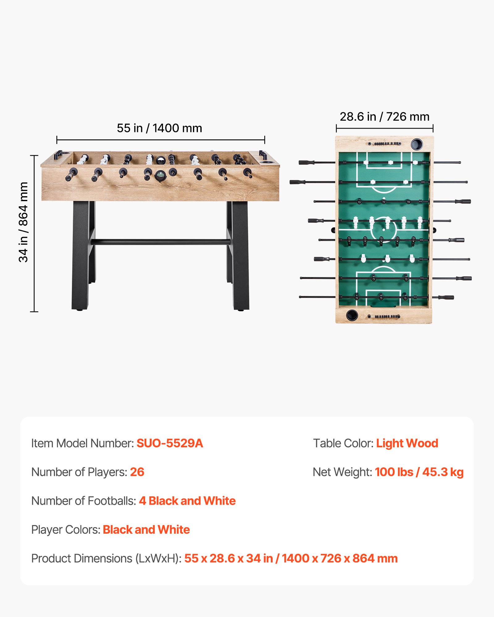 VEVOR Foosball Table, 55 inch Standard Size Table, Indoor Full Size Foosball Tables for Home, Family, and Game Room, Durable Soccer Set, Includes 4 Balls, Score Keeper, and 2 Cup Holders