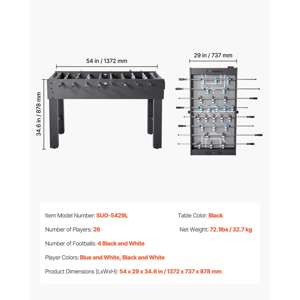 VEVOR Foosball Table, 137 cm Standard Size Table, Indoor Full Size Foosball Tables for Home, Family, and Game Room, Durable Soccer Set, Includes 4 Balls, Score Keeper, and 2 Cup Holders