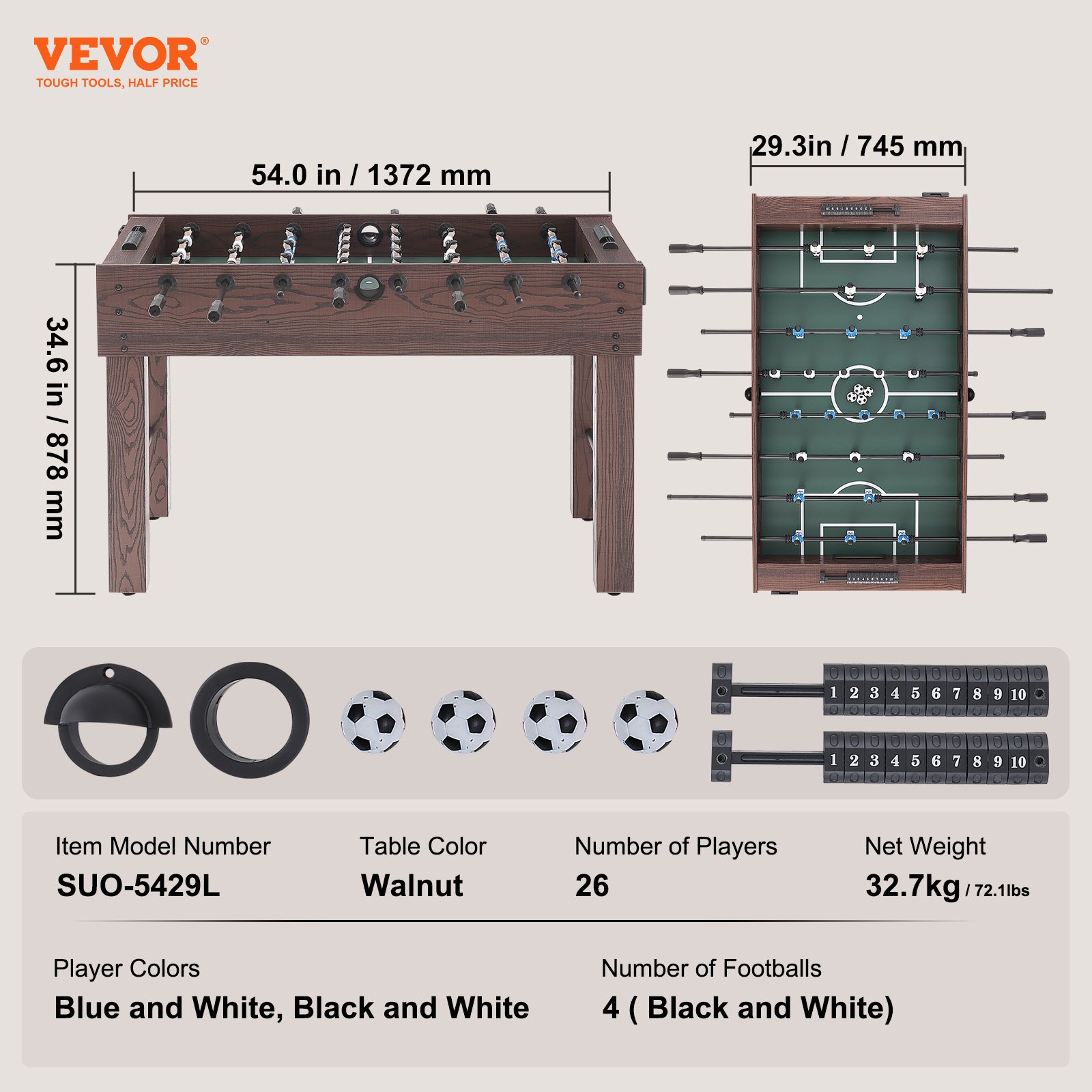 VEVOR Foosball Τραπέζι, 55 ιντσών Standard Size Τραπέζι Foosball, Εσωτερικό τραπέζι πλήρους μεγέθους για το σπίτι, την οικογένεια και την αίθουσα παιχνιδιών, ποδόσφαιρο με τραπέζι για ποδόσφαιρο, περιλαμβάνει 4 μπάλες και 2 ποτηροθήκες