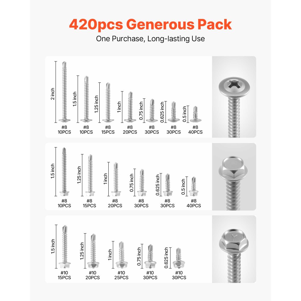 VEVOR 420 PCS Self Drilling Screws, Stainless Steel #8 #10 Sheet Metal Screw Assortment Kit for Metal and Wood, Phillips Truss Head & Hex Head Self Tapping Screws, Length 1/2 Inch to 2 Inch, Silver