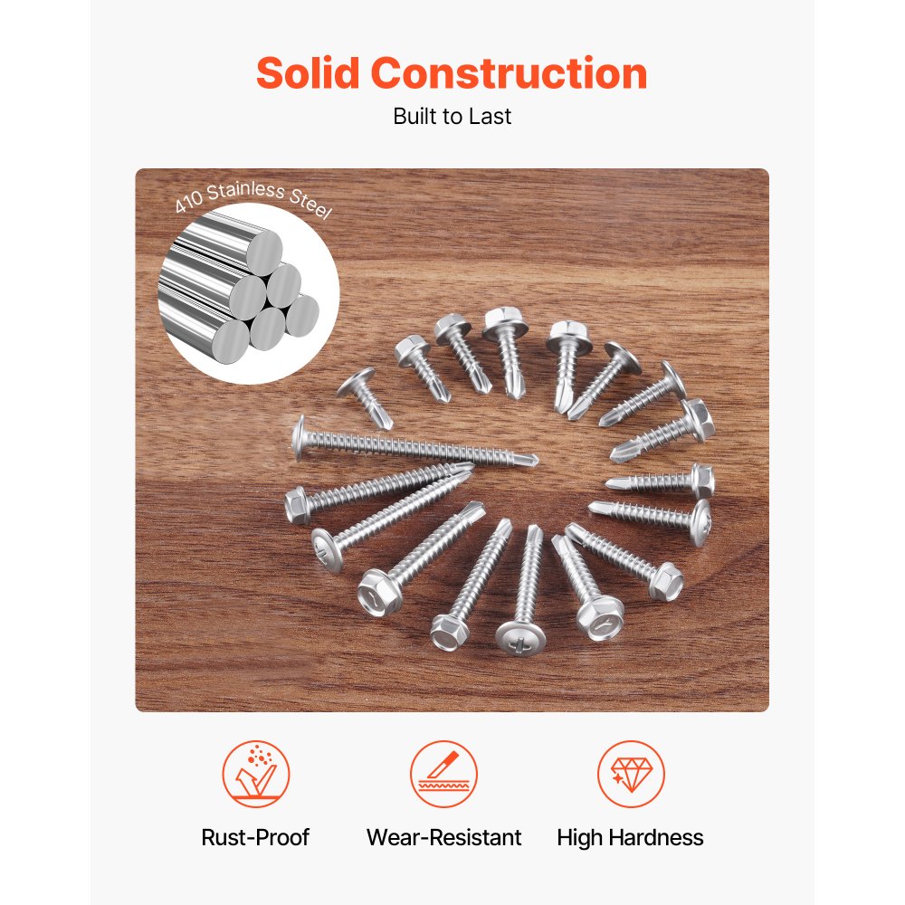 VEVOR 420 PCS Self Drilling Screws, Stainless Steel #8 #10 Sheet Metal Screw Assortment Kit for Metal and Wood, Phillips Truss Head & Hex Head Self Tapping Screws, Length 1/2 Inch to 2 Inch, Silver
