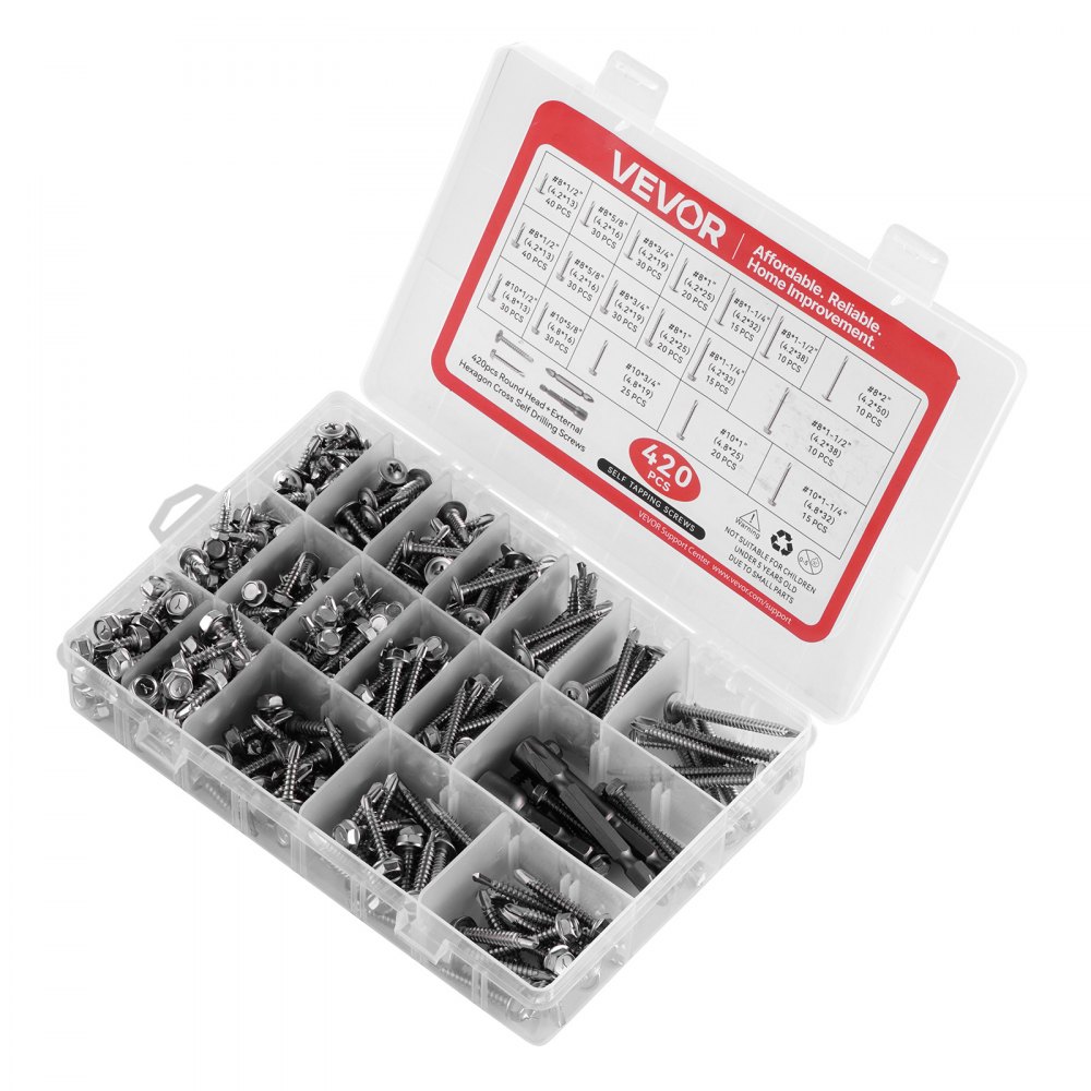 VEVOR 420 PCS Self Drilling Screws, Stainless Steel #8 #10 Sheet Metal Screw Assortment Kit for Metal and Wood, Phillips Truss Head & Hex Head Self Tapping Screws, Length 1/2 Inch to 2 Inch, Silver