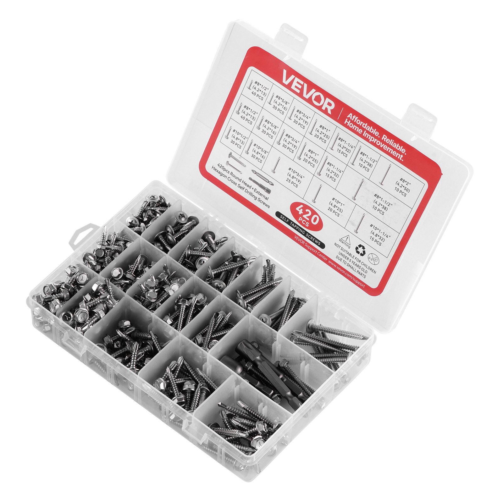 VEVOR 420 PCS Self Drilling Screws, Stainless Steel #8 #10 Sheet Metal Screw Assortment Kit for Metal and Wood, Phillips Truss Head & Hex Head Self Tapping Screws, Length 1/2 Inch to 2 Inch, Silver
