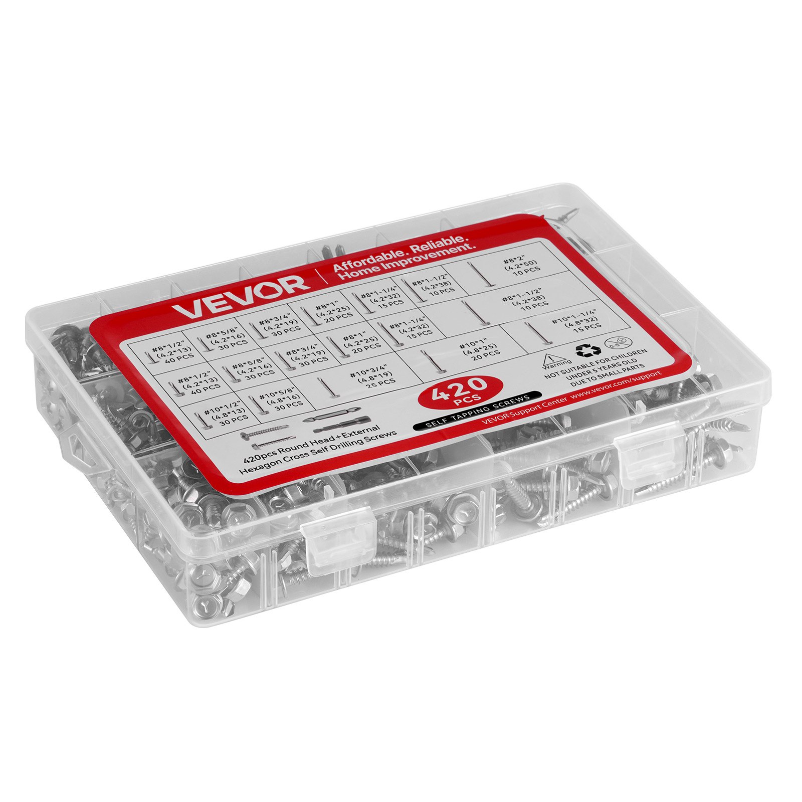 VEVOR 420 PCS Self Drilling Screws, Stainless Steel #8 #10 Sheet Metal Screw Assortment Kit for Metal and Wood, Phillips Truss Head & Hex Head Self Tapping Screws, Length 1/2 Inch to 2 Inch, Silver
