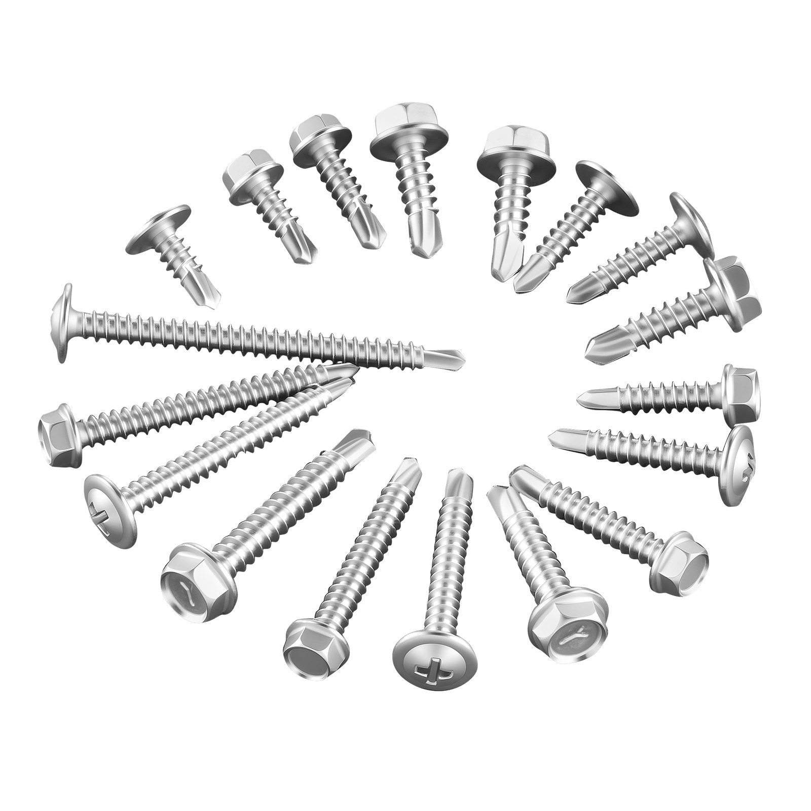 VEVOR 420 PCS Self Drilling Screws, Stainless Steel #8 #10 Sheet Metal Screw Assortment Kit for Metal and Wood, Phillips Truss Head & Hex Head Self Tapping Screws, Length 1/2 Inch to 2 Inch, Silver