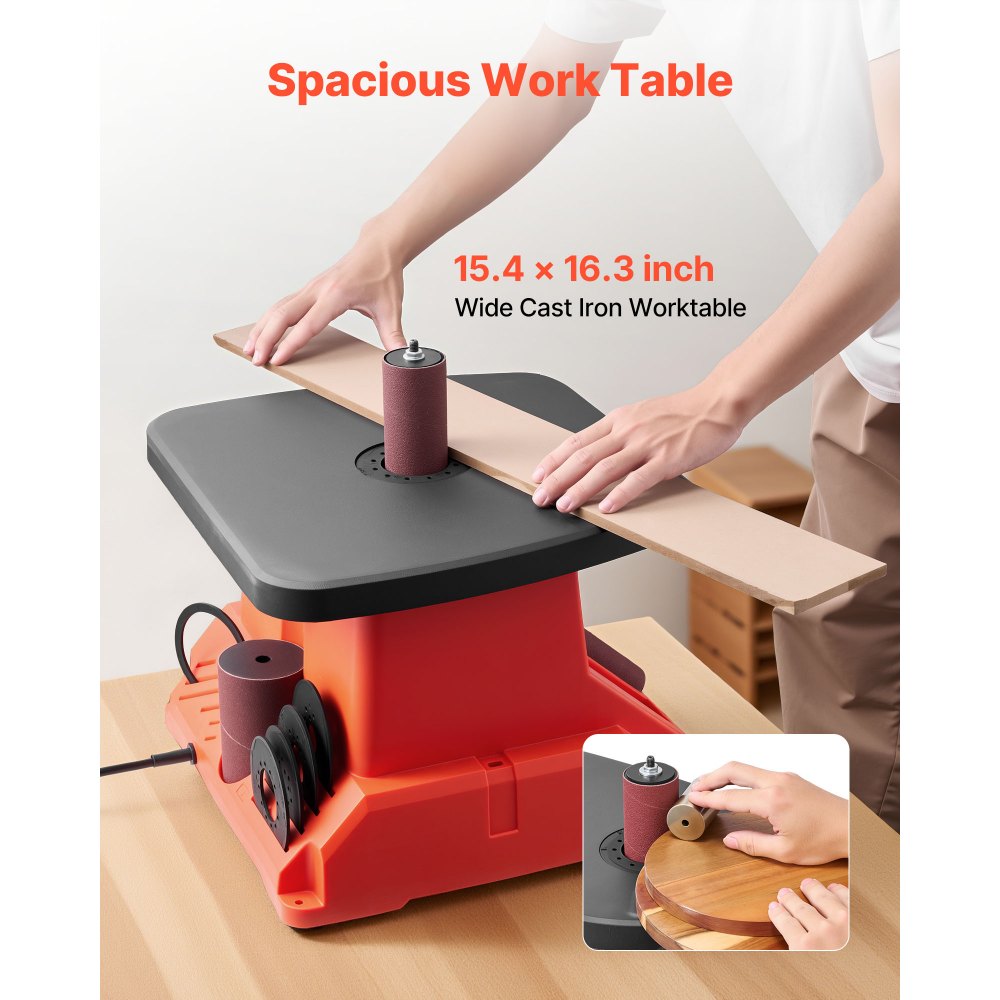 VEVOR Oscillating Spindle Sander, 2000RPM Benchtop Spindle Sander with 6 Sleeves (12.7–76.2 mm), 16mm Stroke & 390 x 415 mm Wide Worktable for Furniture Finishing, Crafts Sanding, DIY Woodworking