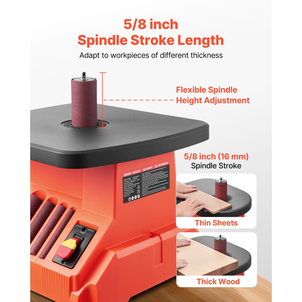 VEVOR Oscillating Spindle Sander, 2000RPM Benchtop Spindle Sander with 6 Sleeves (12.7–76.2 mm), 16mm Stroke & 390 x 415 mm Wide Worktable for Furniture Finishing, Crafts Sanding, DIY Woodworking