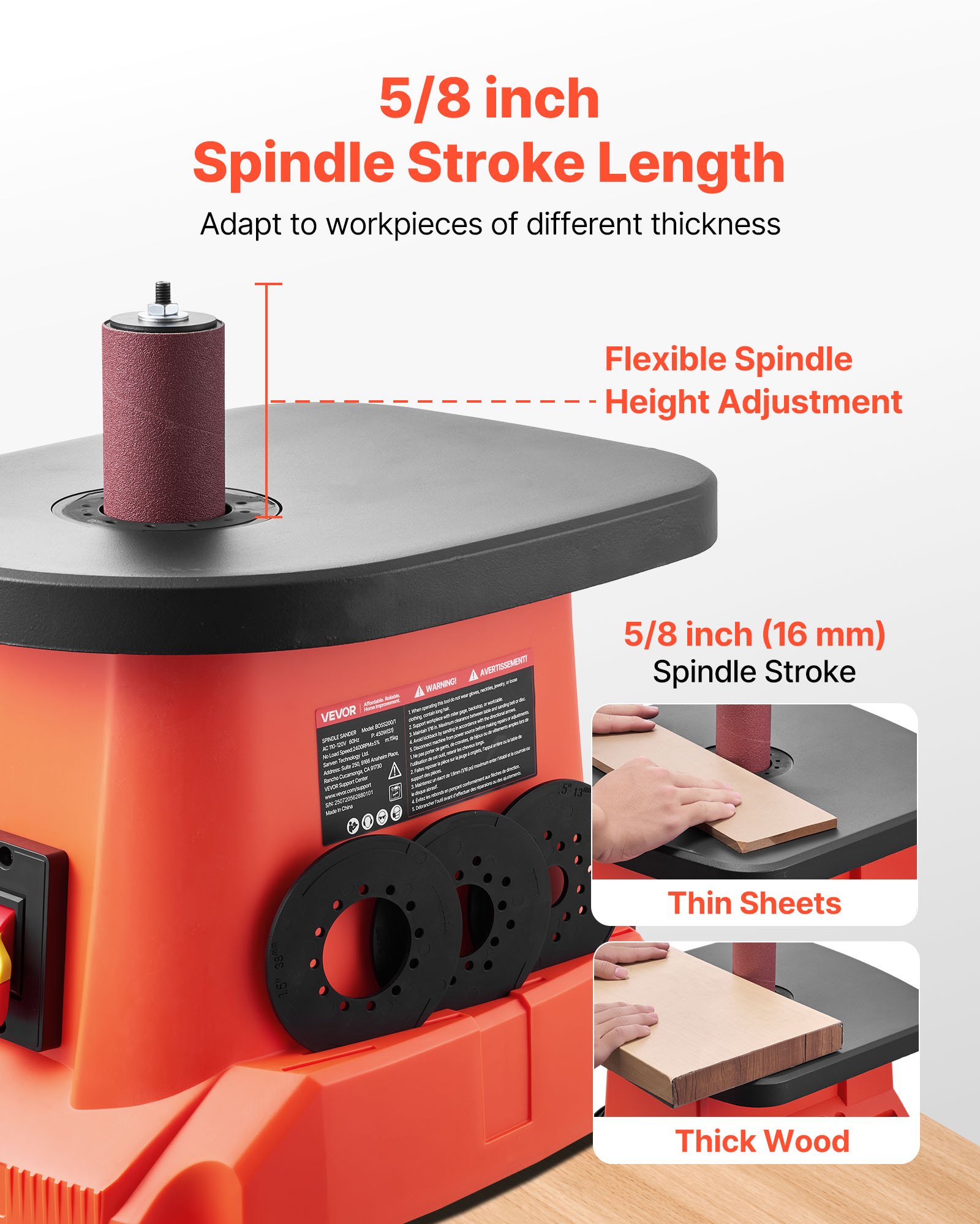 VEVOR Oscillating Spindle Sander, 2000RPM Benchtop Spindle Sander with 6 Sleeves (12.7–76.2 mm), 16mm Stroke & 397 x 295 mm Cast Iron Table for Furniture Finishing, Crafts Sanding, DIY Woodworking