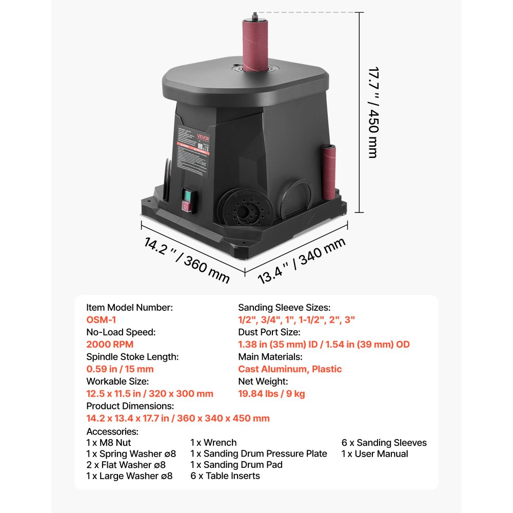 VEVOR Oscillating Spindle Sander, 2000RPM Benchtop Spindle Sander with 6 Sleeves (1/2"-3"), 0.59" Stroke & Dust Connection Port for Furniture Finishing, Crafts Sanding, DIY Woodworking