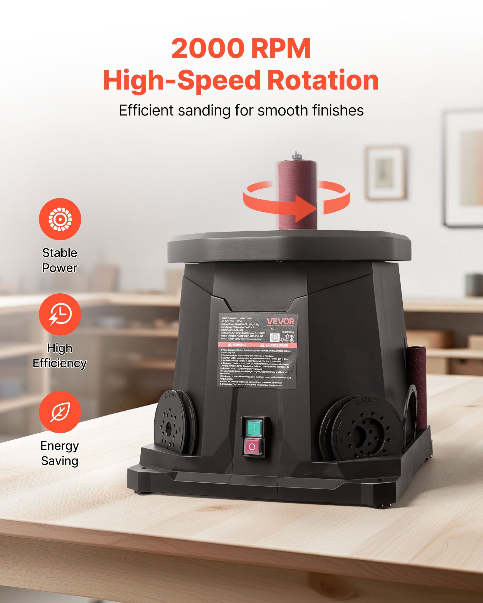 VEVOR Oscillating Spindle Sander, 2000RPM Benchtop Spindle Sander with 6 Sleeves (1/2"-3"), 0.59" Stroke & Dust Connection Port for Furniture Finishing, Crafts Sanding, DIY Woodworking