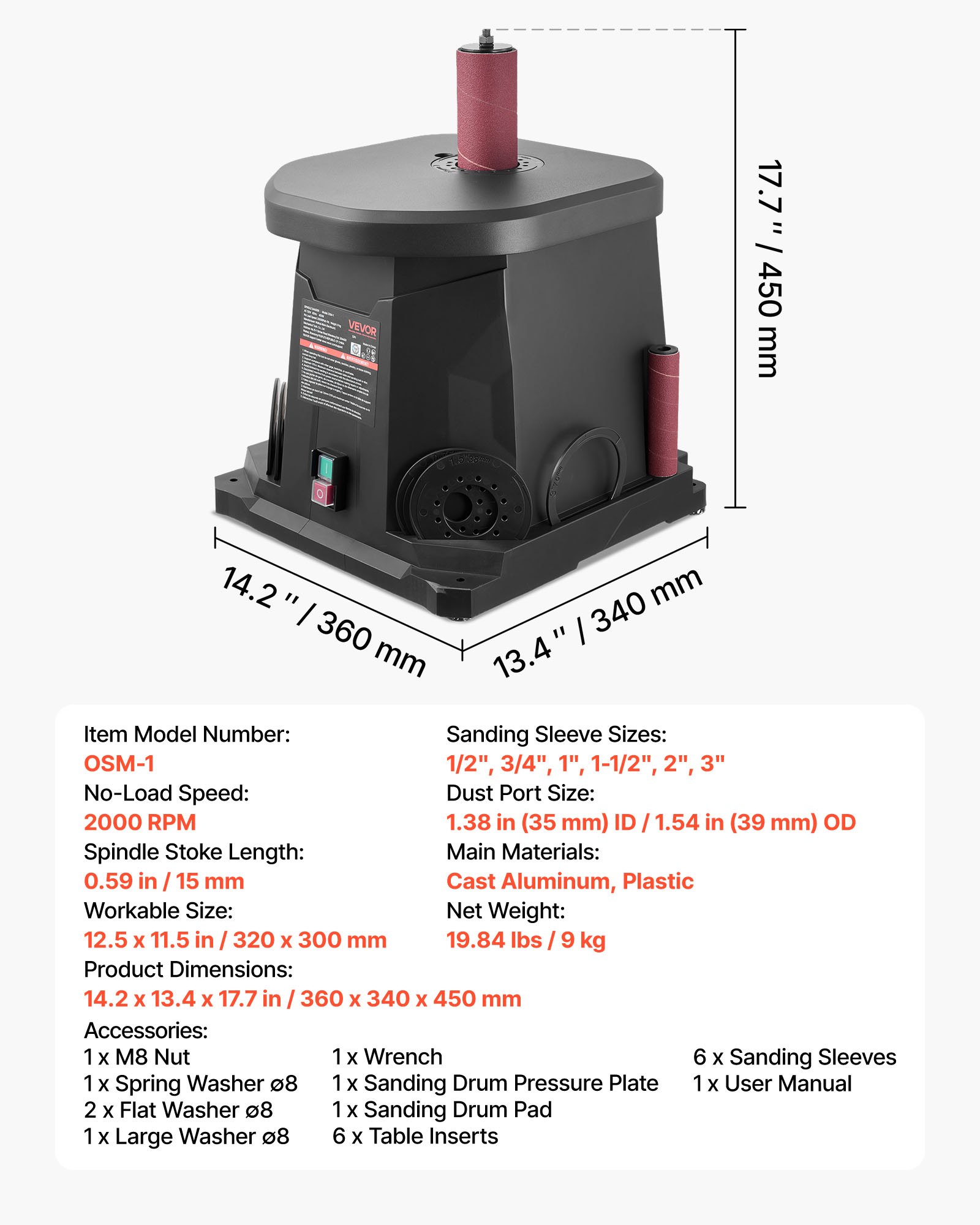 VEVOR Oscillating Spindle Sander, 2000RPM Benchtop Spindle Sander with 6 Sleeves (1/2"-3"), 0.59" Stroke & Dust Connection Port for Furniture Finishing, Crafts Sanding, DIY Woodworking